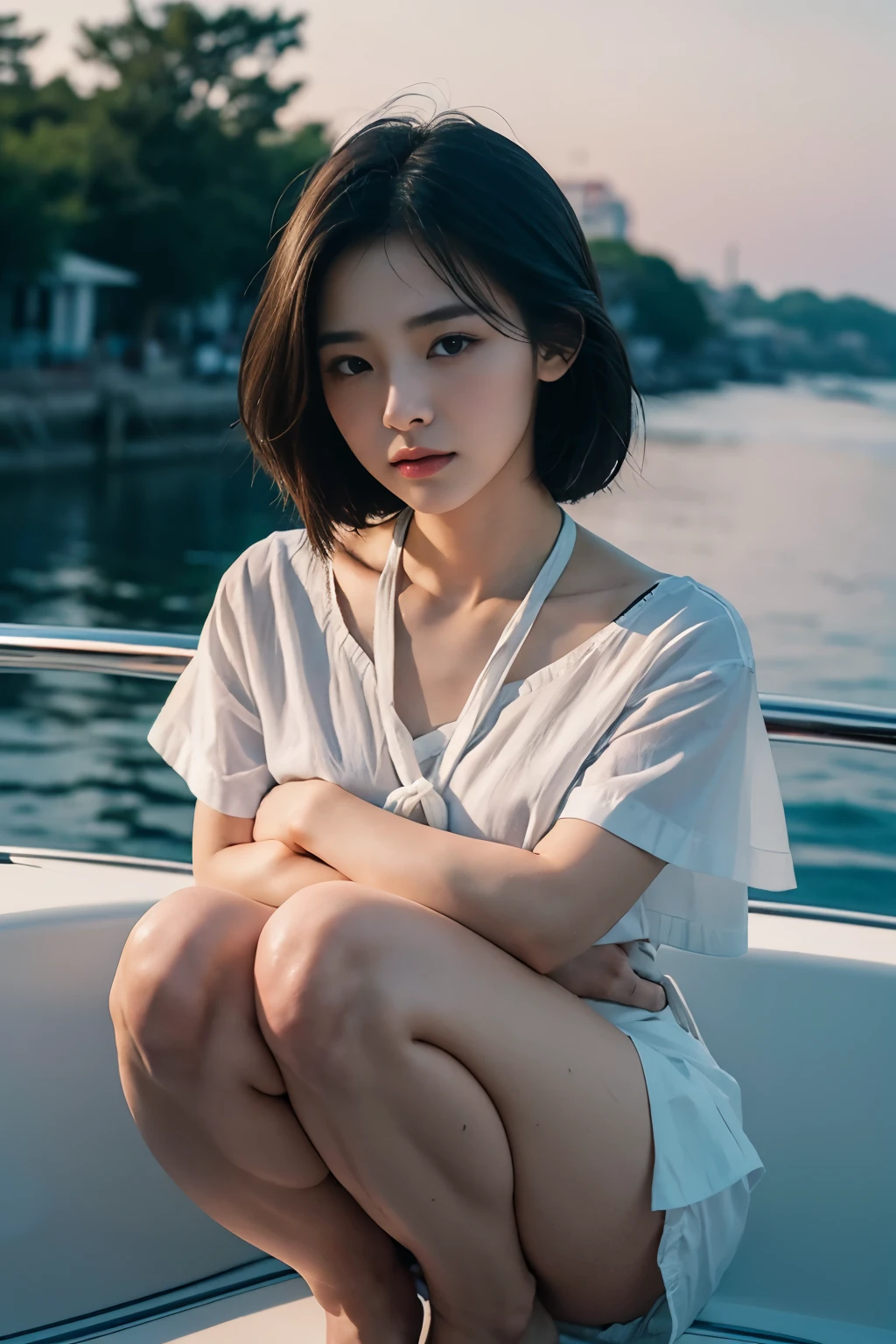 8k, Raw photo, highest quality, masterpiece:1.2), masterpiece, highest quality, figure, Very detailed, Fine details, High resolution, 8k,wallpaper, Perfect dynamic composition,(Detailed high quality, Realistic depiction of eyes:1.3)、A woman who has been and has her hands tied、Arms wrapped around his back、Squatting with legs apart on a yacht at sea、knees apart、White panties are visible、The whole thing faces forward、21talent、Beauty、Well-formed face、Make your eyes even、Beautiful black hair、Has bangedium build、Well-balanced proportions、Beautiful legs、Short sleeve blouse、Long skirt、Sad face、Beautiful scenery、