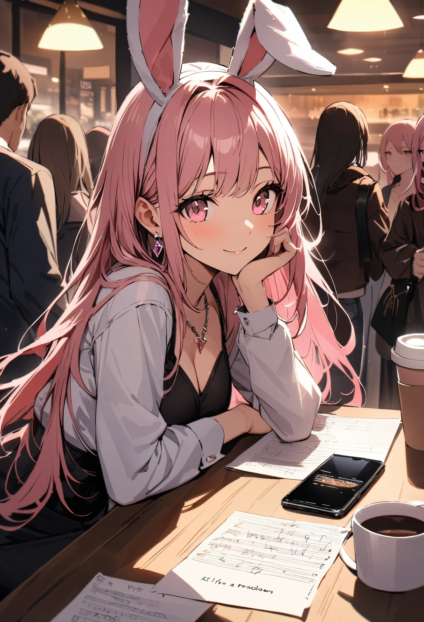 masterpiece, highest quality, Ultra high definition, Ultra-fine, 4K, 8k, highest quality, beautiful, Cute Woman, alone, (beautiful pink hair, beautiful pink eyes, beautiful eyes, Long Hair, Bunny ears, smile),
Break A cozy cafe scene, Coffee on the table, food, Coffee cup, Crowd in the background,
Breaking Prada, necklace, Earrings, accessories, bag,
Great lighting, bloom, Exceptional resolution, Super detailed, highest quality, High resolution, Audio Notes,cute