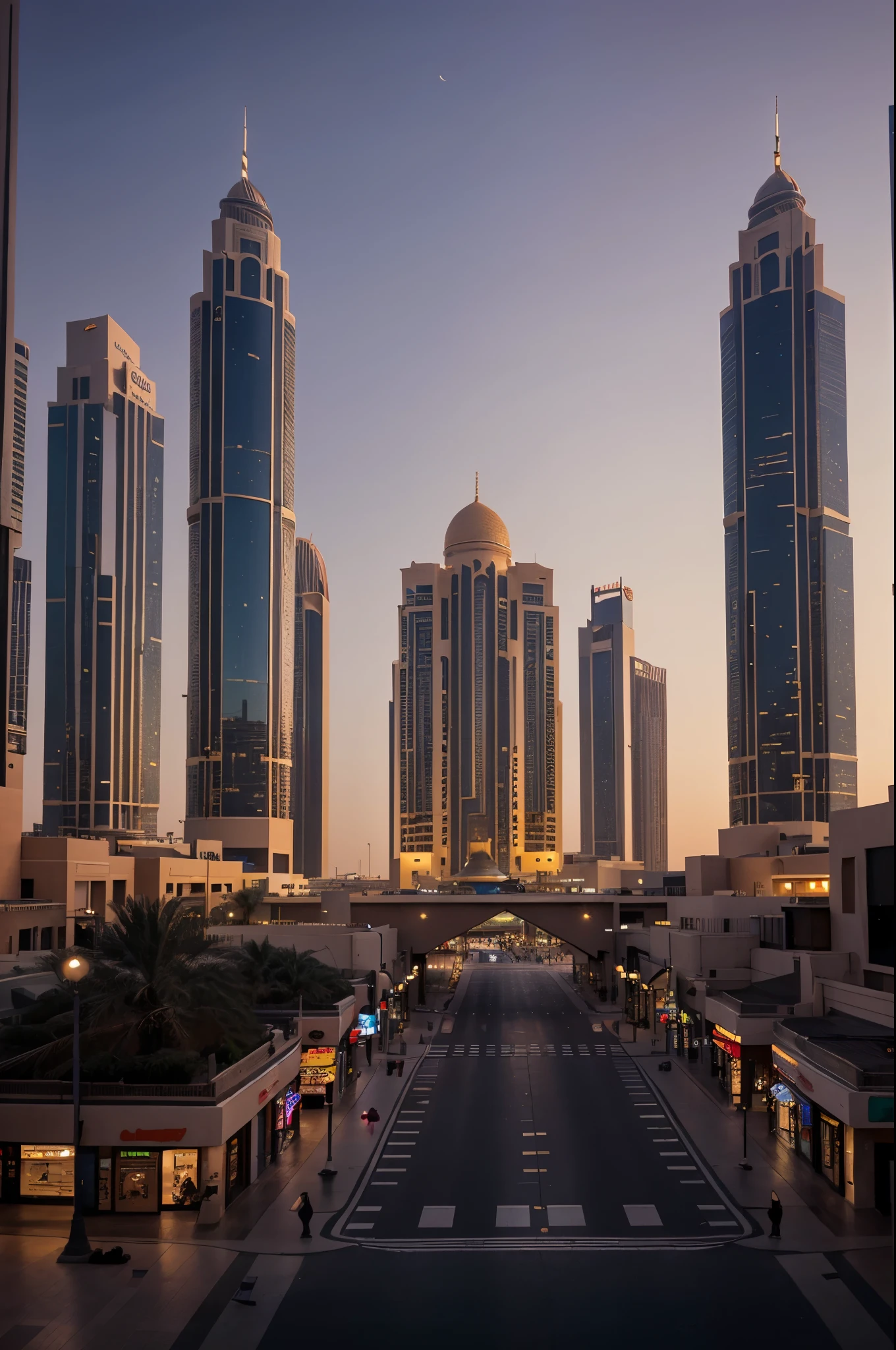 dubai at night, mall, picture taken from the ground, town, busy, clean image, no people, no person in image, photography, landscape photography sunset in background, dubai desert, aesthetic photograph, hyper realistic, high resolution, extra details, quality uhd, photo realistic, high budget, sunset