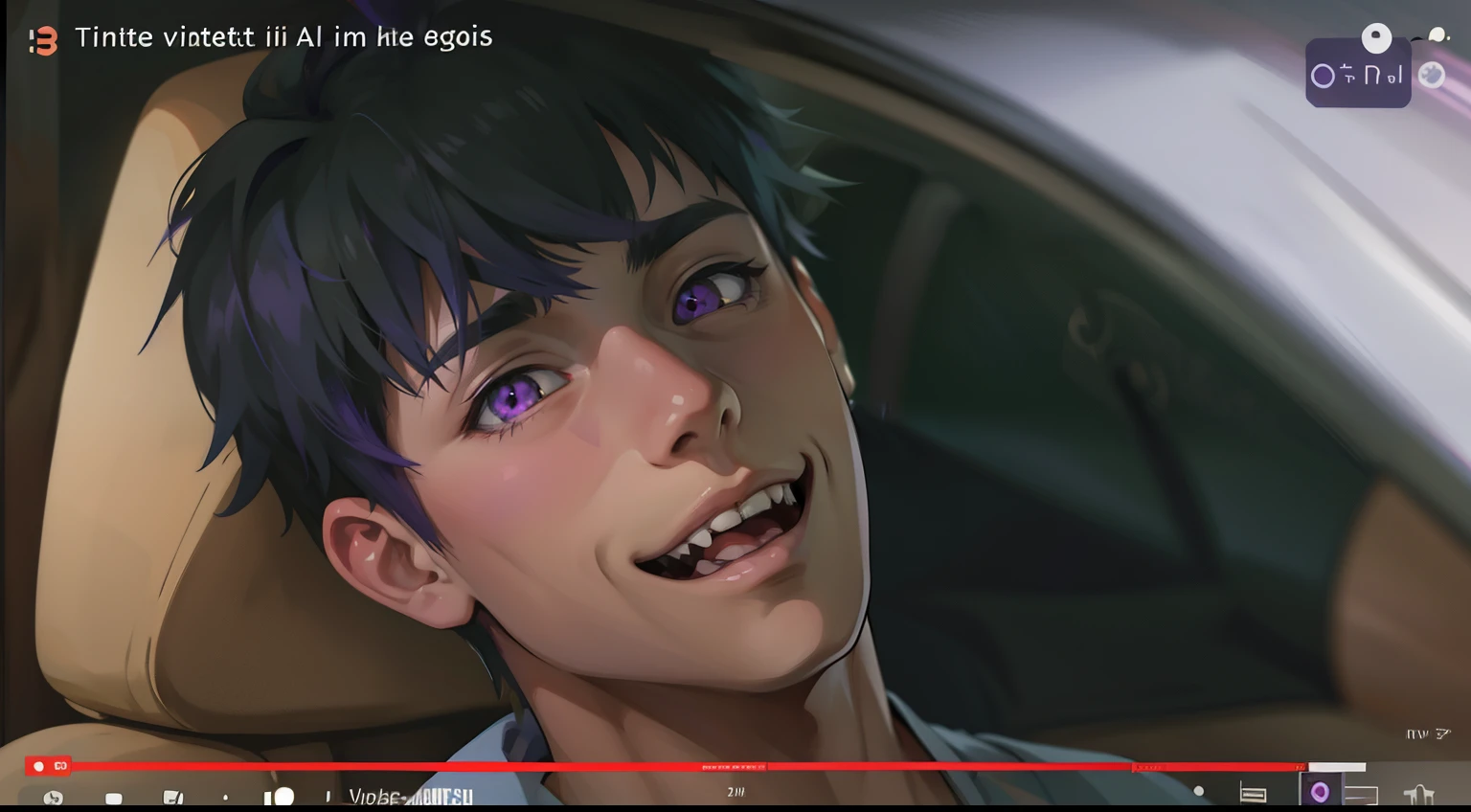 (estilo anime 2d plano)cute 16 year old boy smile mischievous ironic bad hateful purple eyes purple hair evil