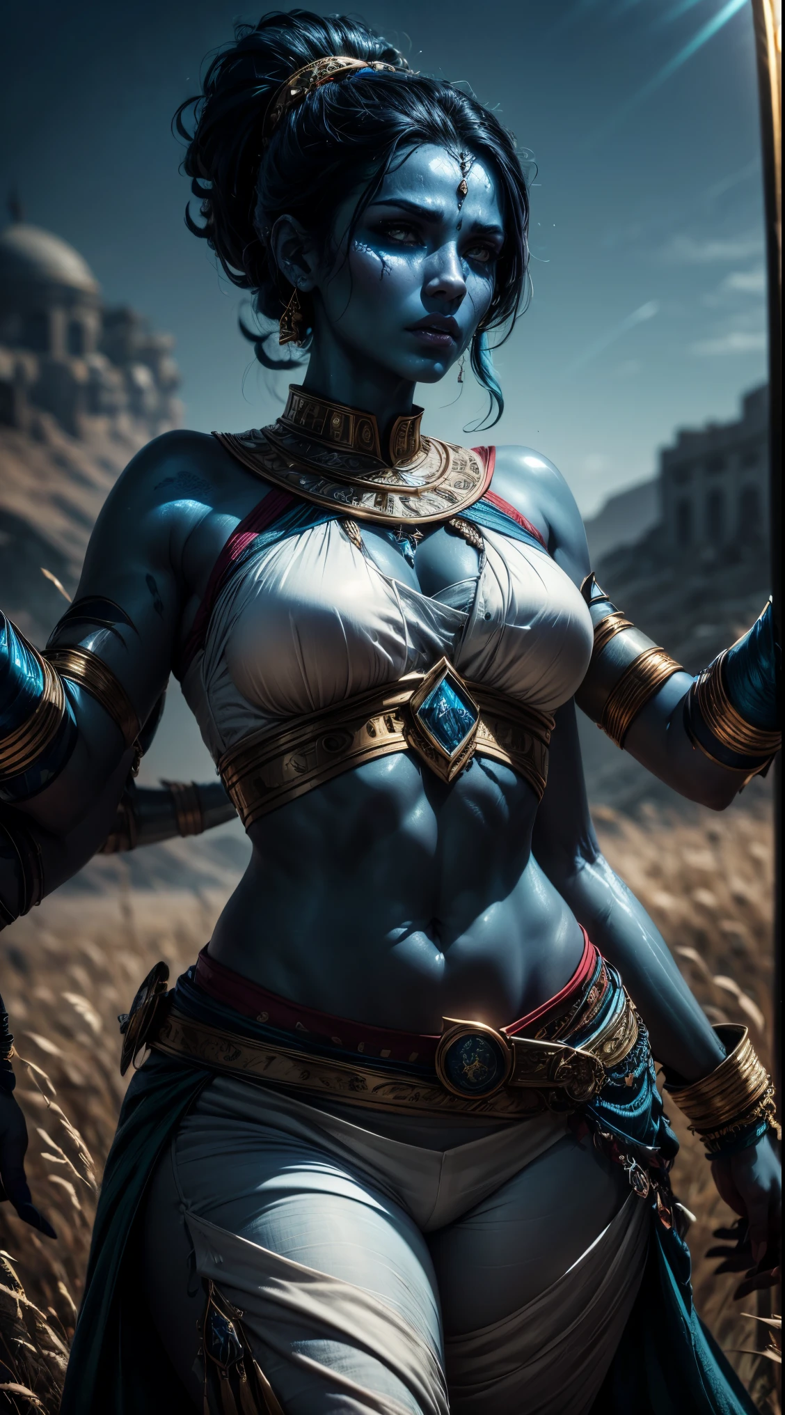 arab woman, (((blue skin))), she has (((four arms))), black hair, arabic swords on each hand, indian woman, arabian ((rogue battle white clothes)), pants, ponytail, arabic swords, field background .  (best quality,4k,8k,highres,masterpiece:1.2), HDR,UHD,studio lighting,ultra-fine painting,sharp focus,physically-based rendering,extreme detail description,professional, 