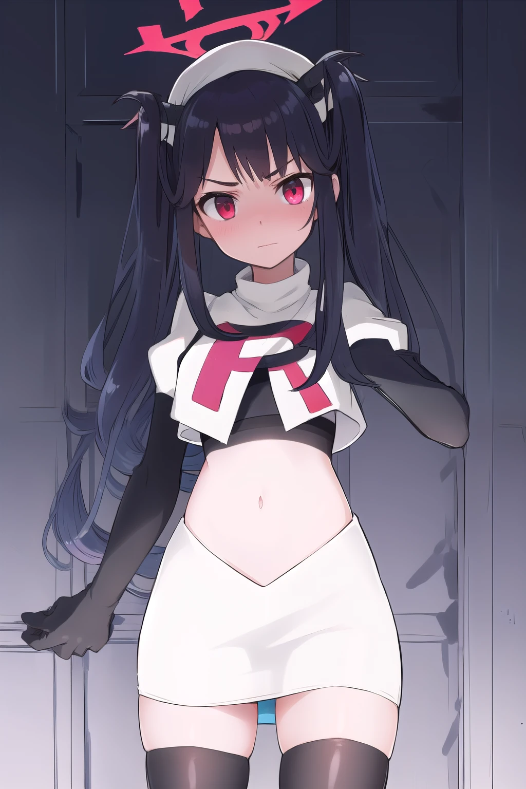 fuukadef, team rocket,team rocket uniform,white skirt,red letter R,crop top,black thigh-highs,black elbow gloves, blush,  looking at viewer,moody lighting, facing viewer,
