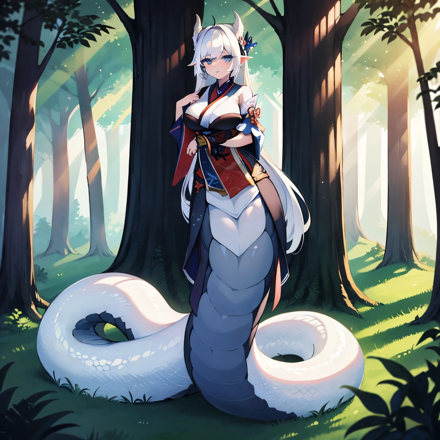 1girl, furina, focalors, lamia, ((white scales)), tail, standing, 4k, 8k, ((full body)), best quality, masterpiece, wallpaper, volumetric lighting, white hair, blue eyes, genshin impact, 16k, forest, deep shadows, highly detailed