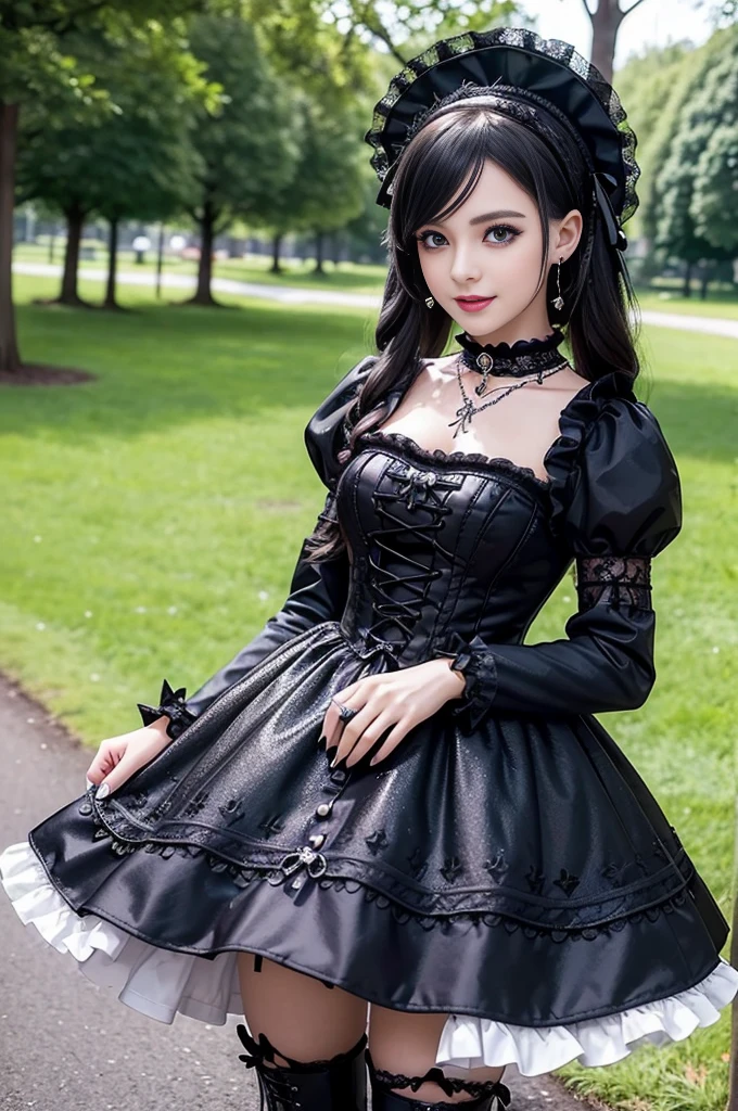 sexy stylish Swedish model, only 1 female, ((doll-like appearance)), ((ultra detailed Platform boots)), (big smile), ultra detailed eyes, vivid eye makeup, lipgloss, long lashes, defined eyebrows, ((sexy Gothic Lolita cosplay)), bell-shaped skirt, petticoats, high neckline, puffed sleeves, ((ultra detailed lace)), ((ultra detailed embroidery)), intricate details, Gothic Lolita accessoires and matching headpiece, Gothic Lolita choker, ((large sparkling Gothic Lolita jewelry)), cinematic light, detailed large park background with trees 