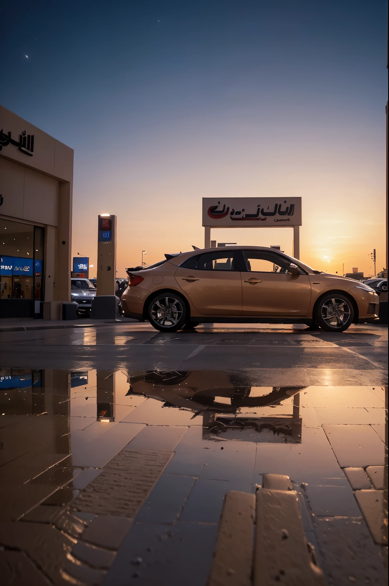 photo taken from car, dubai at night, mall, picture taken from the ground, town, busy, clean image, no people, no person in image, photography, landscape photography sunset in background, dubai desert, aesthetic photograph, hyper realistic, high resolution, extra details, quality uhd, photo realistic, high budget, sunset