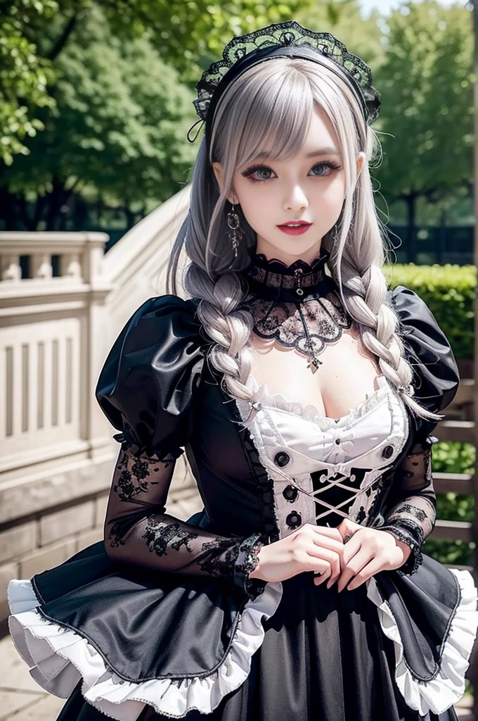 sexy stylish Swedish model, only 1 female, ((doll-like appearance)), ((ultra detailed Platform boots)), (big smile), ultra detailed eyes, vivid eye makeup, lipgloss, long lashes, defined eyebrows, ((sexy Gothic Lolita cosplay)), bell-shaped skirt, petticoats, high neckline, puffed sleeves, ((ultra detailed lace)), ((ultra detailed embroidery)), intricate details, Gothic Lolita accessoires and matching headpiece, Gothic Lolita choker, ((large sparkling Gothic Lolita jewelry)), cinematic light, detailed large park background with trees