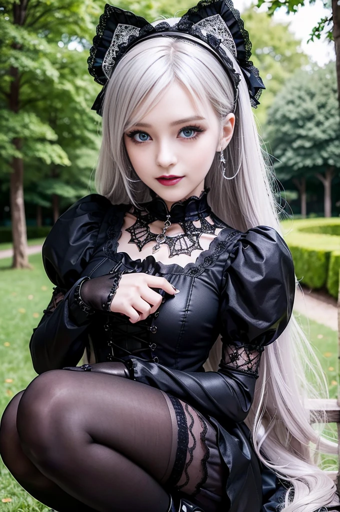 sexy stylish Swedish model, only 1 female, ((doll-like appearance)), ((ultra detailed Platform boots)), (big smile), ultra detailed eyes, vivid eye makeup, lipgloss, long lashes, defined eyebrows, ((sexy Gothic Lolita cosplay)), bell-shaped skirt, petticoats, high neckline, puffed sleeves, ((ultra detailed lace)), ((ultra detailed embroidery)), intricate details, Gothic Lolita accessoires and matching headpiece, Gothic Lolita choker, ((large sparkling Gothic Lolita jewelry)), cinematic light, detailed large park background with trees