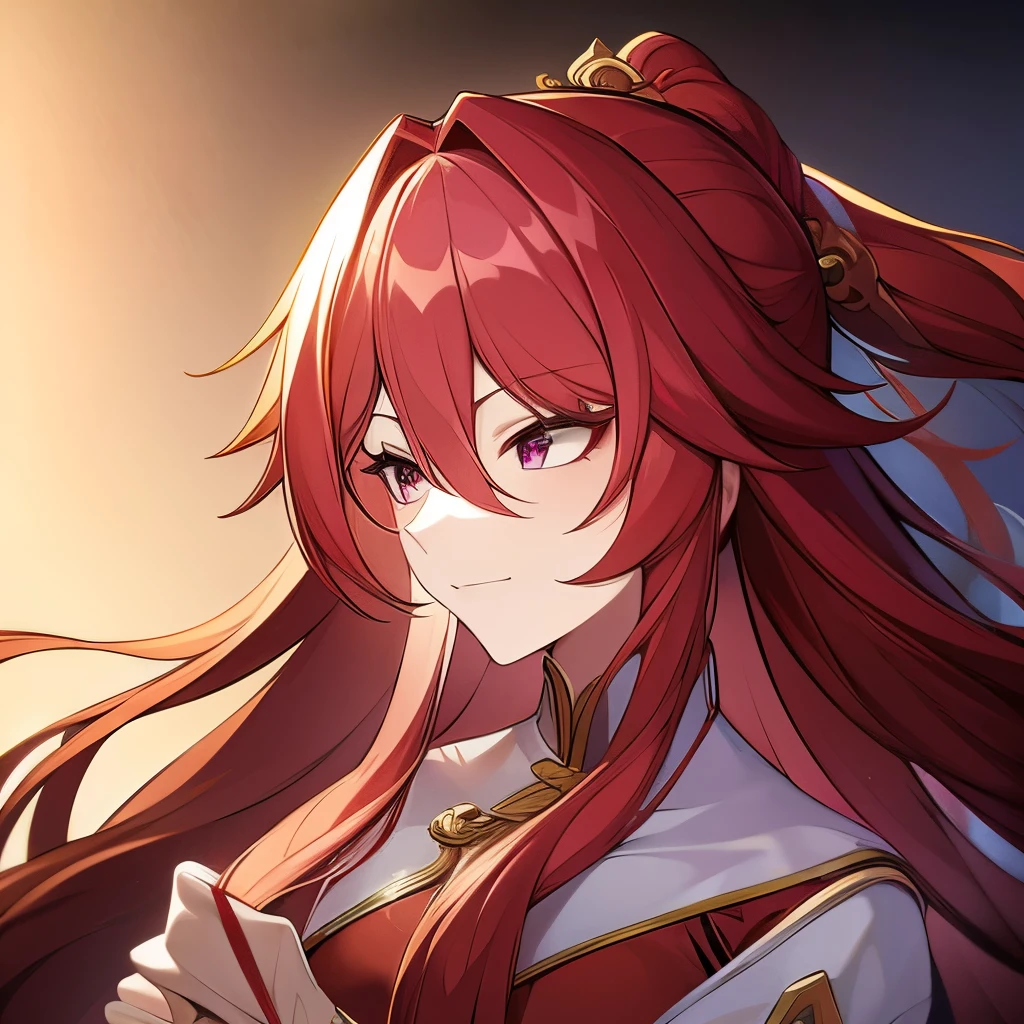 1woman, fancy Chinese clothes, pink eyes, red hair, long hair, calm, smug. Golden hair accessories.