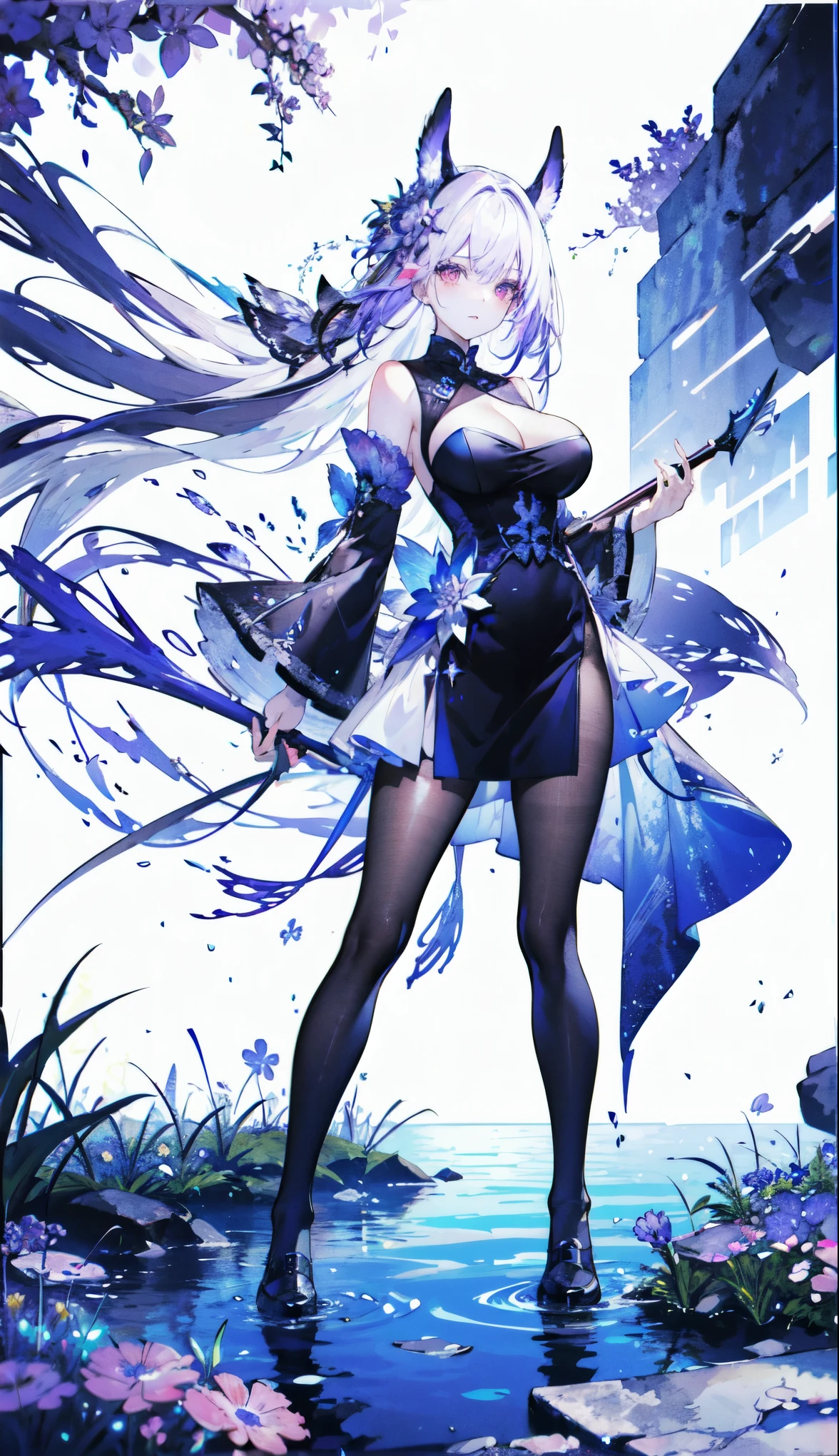 ((masterpiece:1.4,best quality)),(Super detailed),(Extremely detailed eyes),(Black leggings,Shiny socks:1.5),Hello Darkness
((Sexy Girl,Large Breasts)),(Blood-red pupils,Diamond-shaped pupil:1.15),Purple Eyeshadow,(Elongated hair,Thick hair,shiny hair:1.5)(Variza:1.2),Fair skin,tilt head to one side,Kneel down
(She wears blue armor,Tight cheongsam,:1.5),Very long plush sleeves,White,White Cloud,Dream bubbles ,Ice and glitter effects
(Black long skirt:1.1),
(dawn:1.2),
(Intense black and white:1.16),(Depth of Field:1.4),,Intricate details,(Sky Castle,Standing on the lake,Purple flowers by the lake)