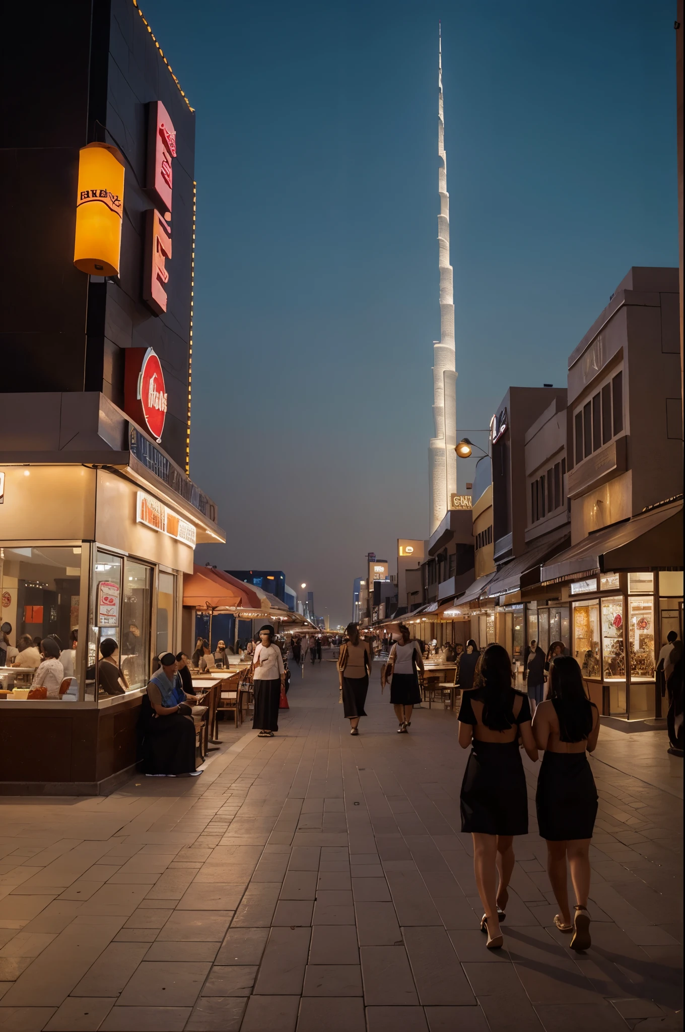 view of people eating at a restaurant, walking on streets, dubai at night, mall, picture taken from the ground, town, busy, clean image, no people, no person in image, photography, landscape photography sunset in background, dubai desert, aesthetic photograph, hyper realistic, high resolution, extra details, quality uhd, photo realistic, high budget, sunset