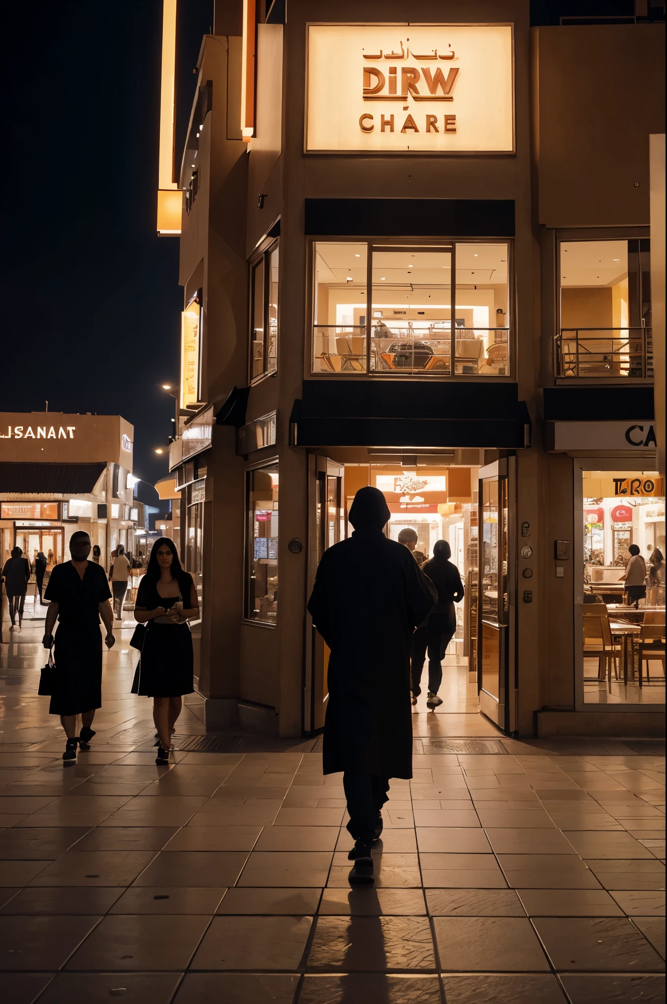 view of people eating at a restaurant, walking on streets, dubai at night, mall, picture taken from the ground, town, busy, clean image, no people, no person in image, photography, landscape photography sunset in background, dubai desert, aesthetic photograph, hyper realistic, high resolution, extra details, quality uhd, photo realistic, high budget, sunset 