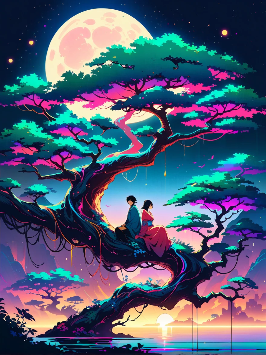 yinji，Romantic ancient style，night，Backlight，A man and a woman sitting on a tree branch，There is a full moon behind，Fresh colors，Soft colors，Diode lamp，Concept art style，Extremely complex details，Clear distinction between light and dark，Structured，Ultra HD, 1yj1