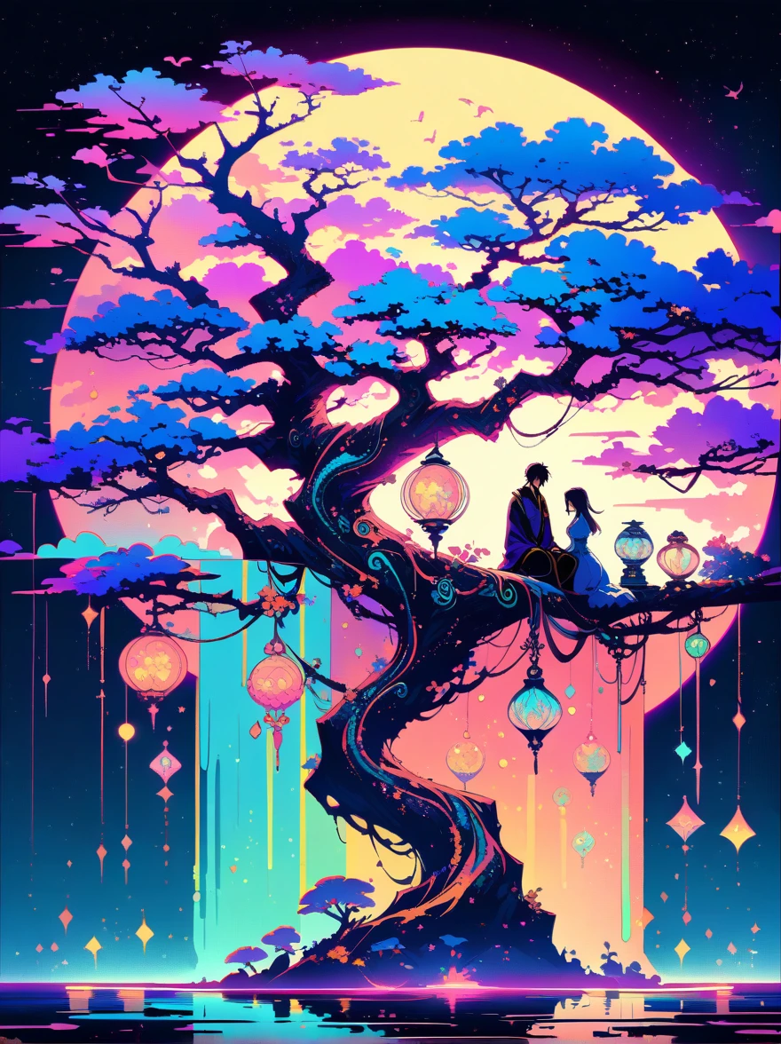 yinji，Romantic ancient style，night，Backlight，A man and a woman sitting on a tree branch，There is a full moon behind，Fresh colors，Soft colors，Diode lamp，Concept art style，Extremely complex details，Clear distinction between light and dark，Structured，Ultra HD, 1yj1