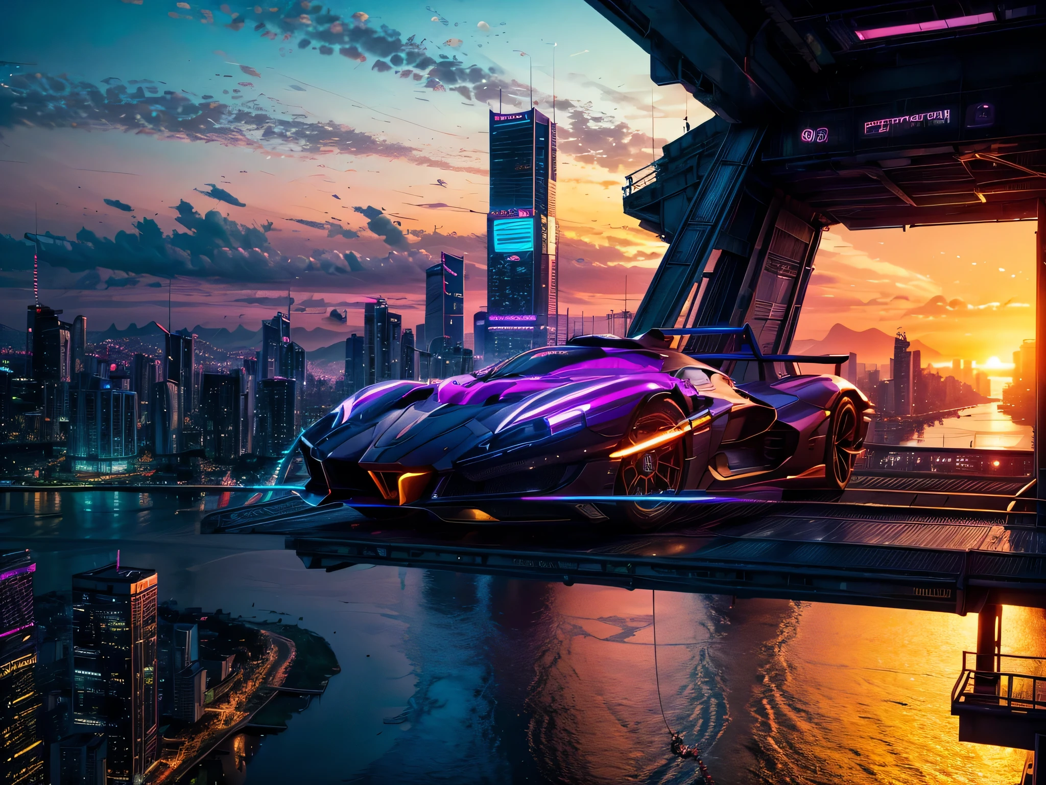 Create a hyper-realistic cityscape at sunset, com luzes deslumbrantes da cidade refletindo em uma calma, rio espelhado. The scene must be set in a futuristic setting, cyberpunk city with neon signs and flying vehicles.