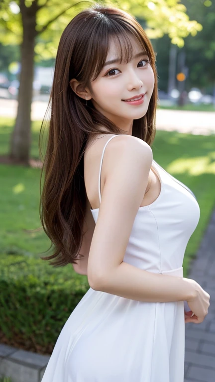 masterpiece、1 beautiful girl、Detailed eyes、Puffy eyes、highest quality, 超A high resolution, (Reality: 1.4), Cinema Lighting、Japanese、Asian Beauty、Super Beauty、Beautiful Skin、Slender、Body facing forward、(Surreal)、(High resolution)、(8k)、(Very detailed)、(Beautiful and detailed eyes)、(Ultra-detailed)、 (wall-)、Detailed face、Bright lighting、Professional Lighting、View your viewers、Look straight ahead、(The costume is a tank topGbread)、Long Hair, My hair is messy, Asymmetrical bangs, 、Brown Hair、Japan is an idol、Korean Idol、Gravure idol pose、、21 years old、expensive, Big smile,The body is slim,Girl with perfect body,Slender woman,Lively expressions,Cute Woman,Front view,Look at me,Show me your whole body,Show full-body fashion,Feminine pose with the whole body,Full body frontal photo,Shoot from a frontal perspective,Standing、Standing in front,The background is a grassland、Tree-lined street