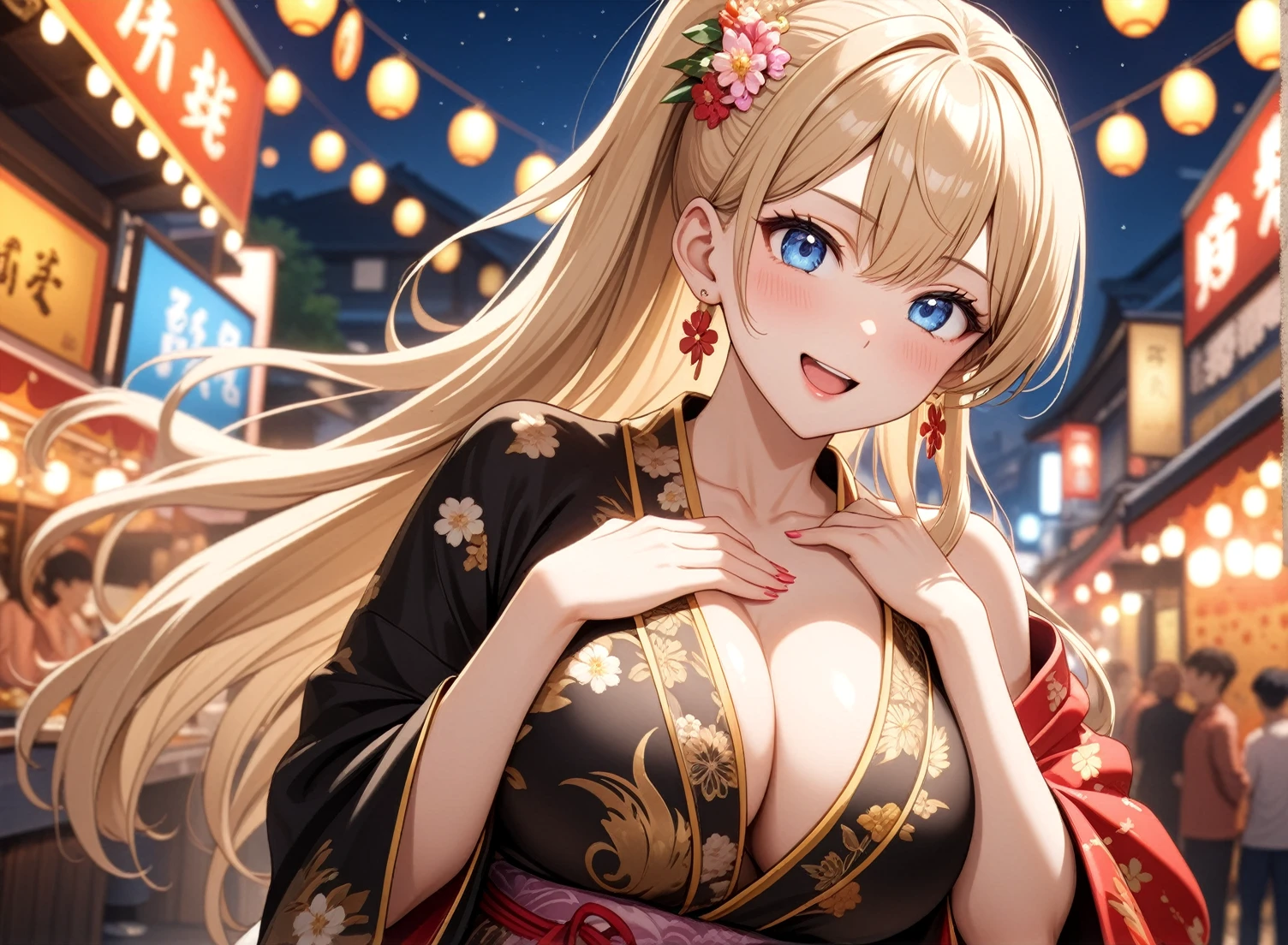 ((One girl)), Beautiful smile,Very happy expression,Open your mouth wide,Glossy Lips,Abstract, night,Festival food stalls, ((Anime style background)),masterpiece, highest quality, so beautiful, Absurd, up to date, Complex details, Pink long nails,AI-generated, Complex,High resolution, highest quality, super high quality,3D Images、View the viewers、3D Images,one person,Long Blonde Hair,High Ponytail,blue eyes,Anime woman posing for a photo, [[Fine grain、Colorful eyes、Shining Eyes:1.15]],(Squint your eyes:1.1),a hyperRealistic , hyperRealistic , Realistic , Blonde anime woman with long hair, Smooth anime CG art, A woman in a colorful kimono with gold embroidery, black floral kimono,Gorgeous kimono,Flower Hair Ornaments,Earrings,(Large Breasts:1.3),Mature Body,tall,Big Ass,Fine details,Abdominal muscles,Tilt your face,Pinch your chest with both hands,Shooting from an angle