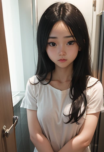 1People Girls、A simple oversized white t-shirt、Looking down at the viewer、Black Hair、Small black cat ears、Leaning over the viewer on the bed、On all fours、White shorts、Raised eyebrows、I can see the ceiling、Large Breasts、(Angry:1.1)、(Lips are pointed.:1.1)、Blushing、Long Hair、whole body、(Touching the viewer's cheek with both hands:1.3)、Asahi, Looking straight at the viewer、Beautiful Skin、16age