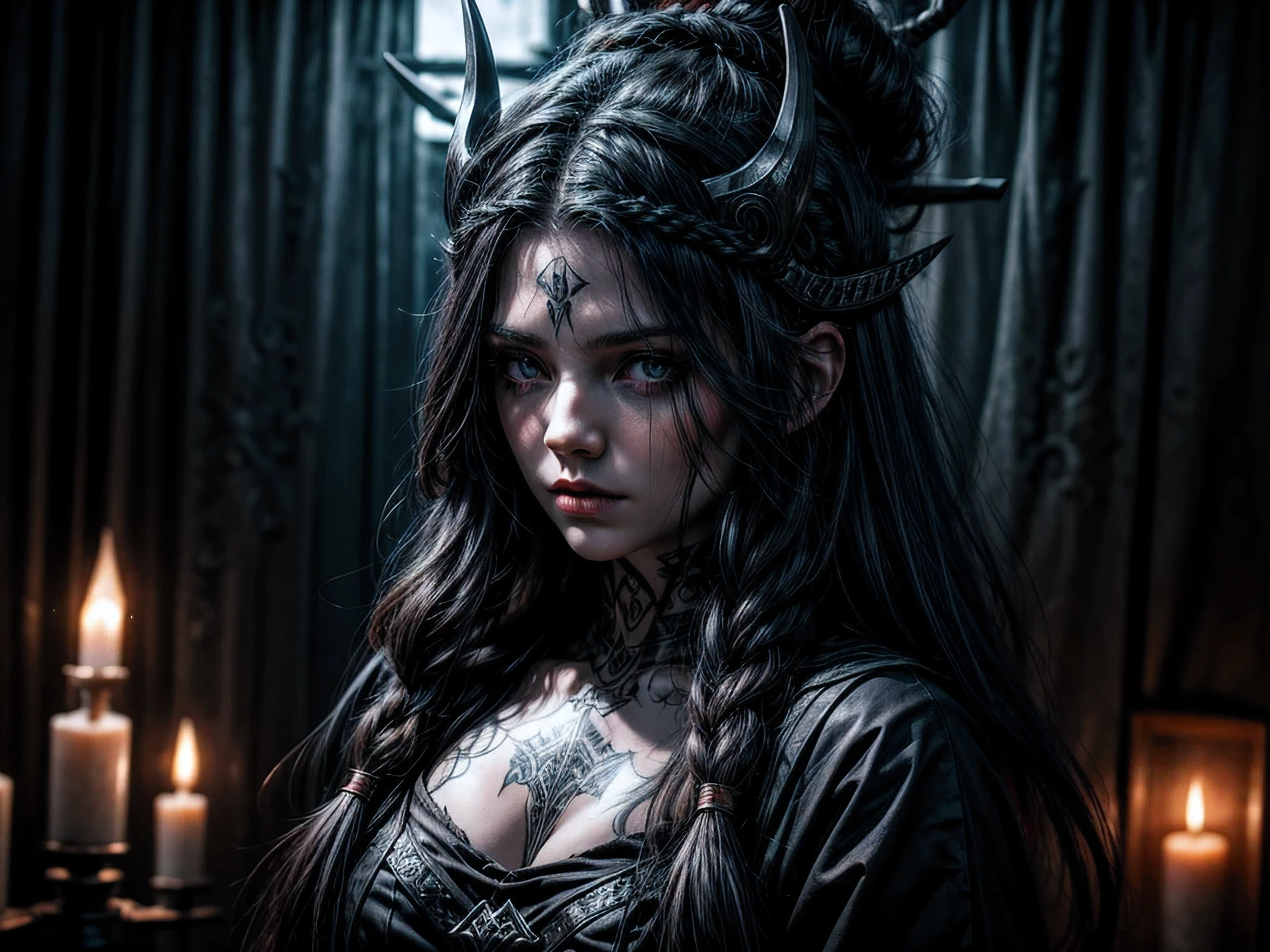 1 Woman, alone, viking theme, pale white, long black hair, vikings tattoos on face, black clothes, nordic runes, Horror, Darkness, viking Setting, Looking At Camera, Best Quality, Accurate, 4K,