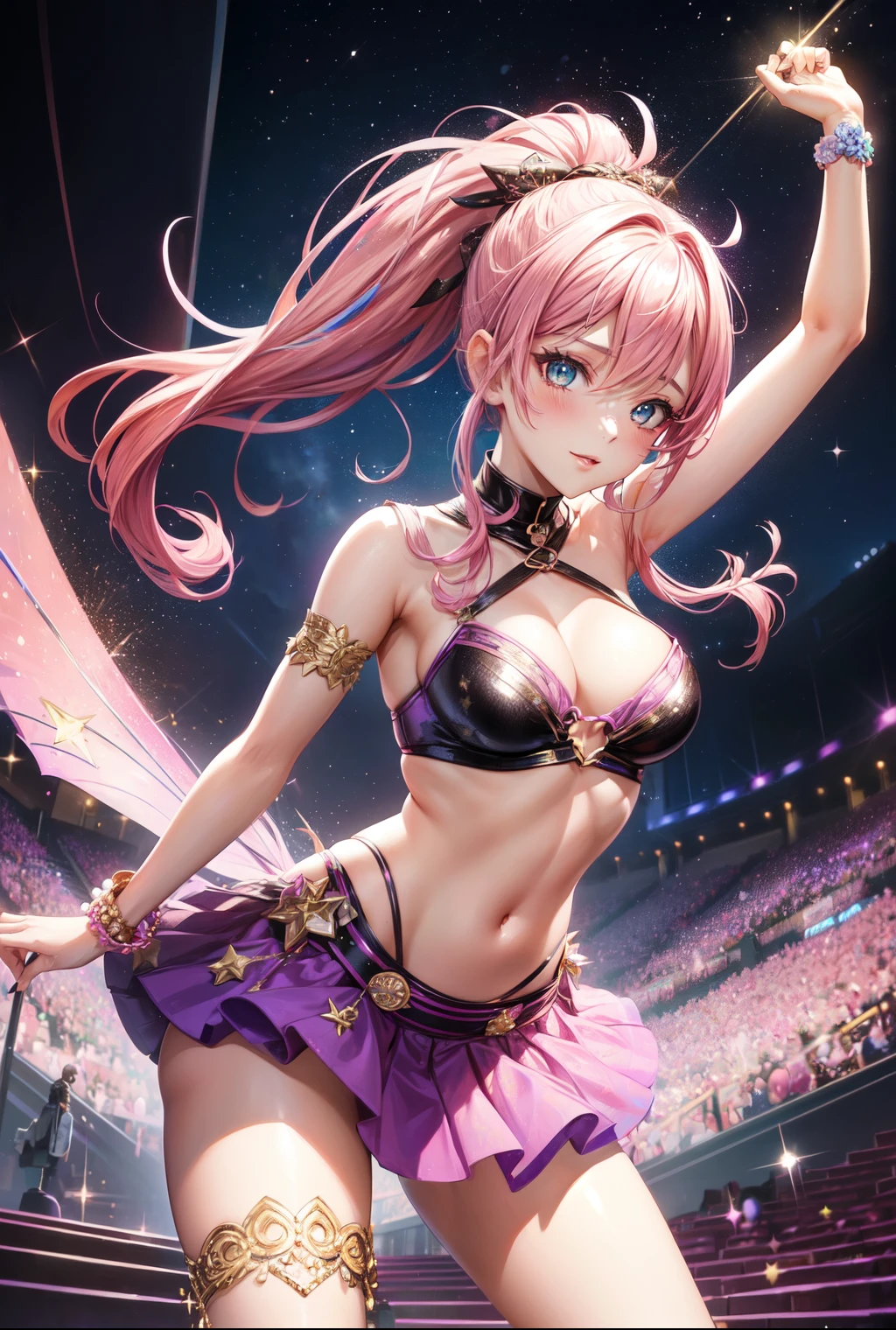(tmasterpiece:1.2),Best quality at best,perfect anatomia,The is very detailed,1girll,Solo, A high resolution,absurderes,tmasterpiece,looking at viewert,Character Spotlight,A pink-haired,Golden eyes,short skirt,singers,Stage,There are lights on it,Hold the microphone,sing