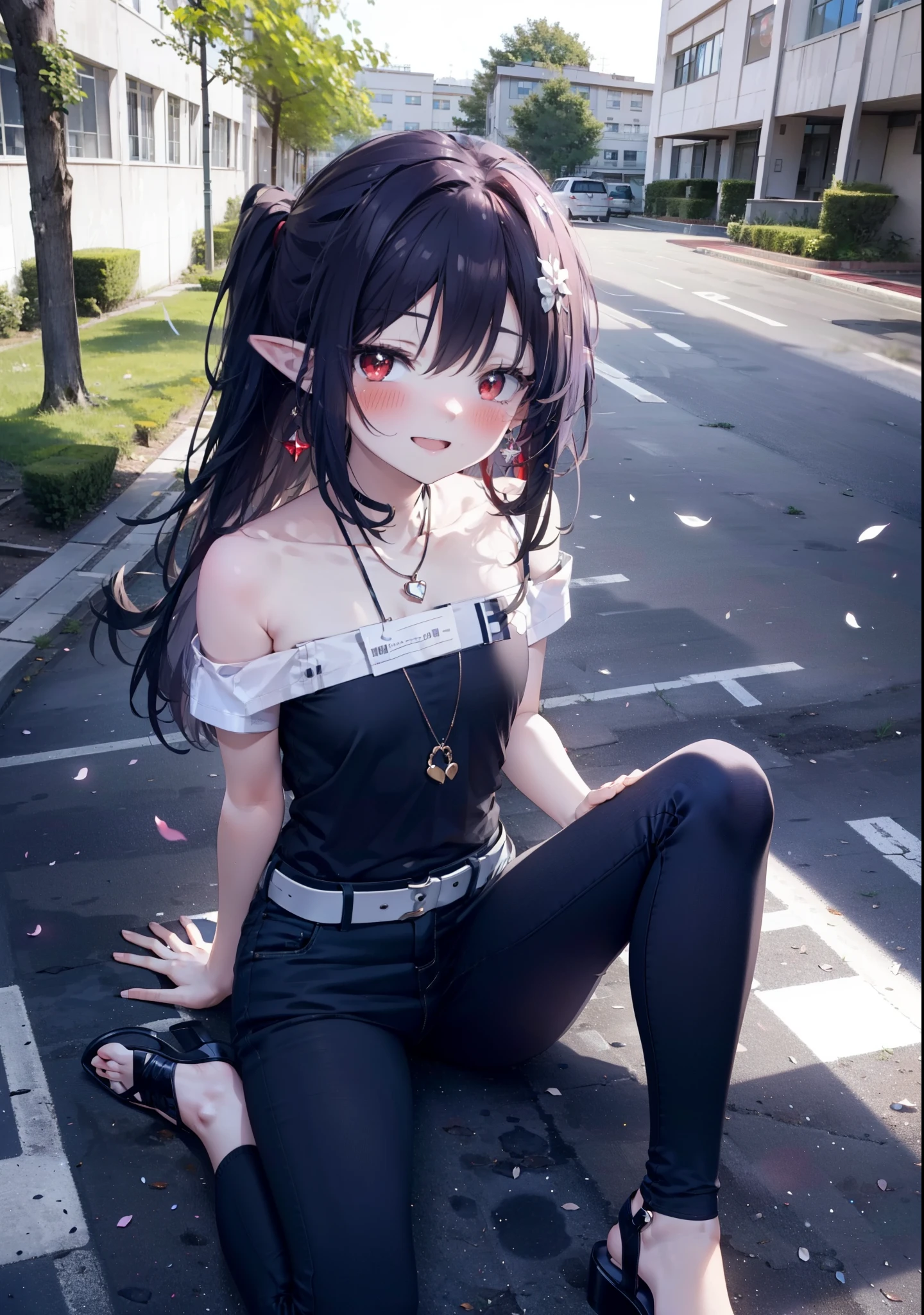 yuukikonno, Yuki Konno, hair band, Long Hair, Pointy Ears, Purple Hair, (Red eyes:1.5), (Small breasts:1.2), blush,happy smile, smile, Open your mouth,Purple cold shoulder top,Short sleeve,skinny pants,Heeled Sandals,Heart-shaped necklace,Sitting on the steps in the park,sunset,evening,The sun goes down,whole bodyがイラストに入るように,Looking down from above, break looking at viewer, whole body,break outdoors, School,courtyard, break (masterpiece:1.2), highest quality, High resolution, unity 8k wallpaper, (shape:0.8), (Beautiful and beautiful eyes:1.6), Highly detailed face, Perfect lighting, Extremely detailed CG, (Perfect hands, Perfect Anatomy),