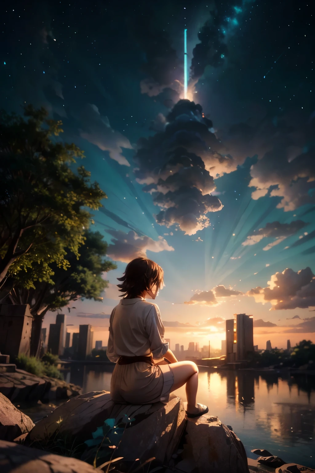 anime girl sitting on a rock looking at the sky,a sky piercing tower far far away, makoto shinkai cyril rolando, anime art wallpaper 4 k, anime art wallpaper 4k, cyril rolando and goro fujita, anime art wallpaper 8 k, 4k anime wallpaper, anime wallpaper 4 k, anime wallpaper 4k, ( ( makoto shinkai ) ), makoto shinkai!