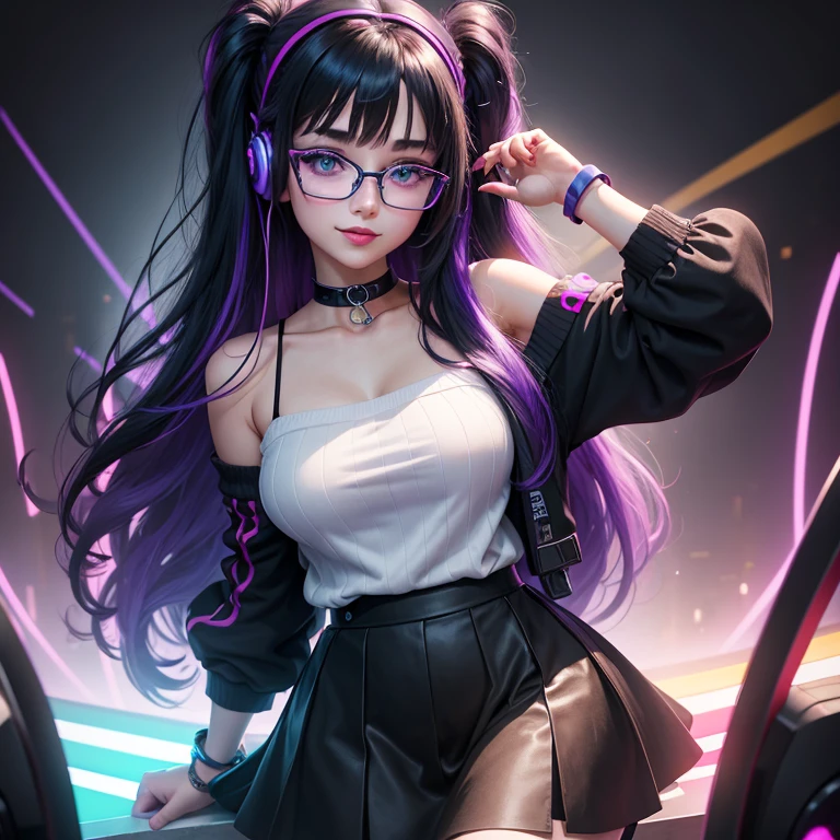((best quality)), ((masterpiece)), 8k, detailed eyes, perfect face, female, gamer girl, aqua eyes, cherry-red lips, light smile, long black hair, purple streaks, wearing headphones, nerdy glasses, bangs, ribbon, choker, bracelet, sleeves past fingers, white off-shoulder sweater, black skirt, nighttime, neon lights, colorful lights, purple and cyan themed background