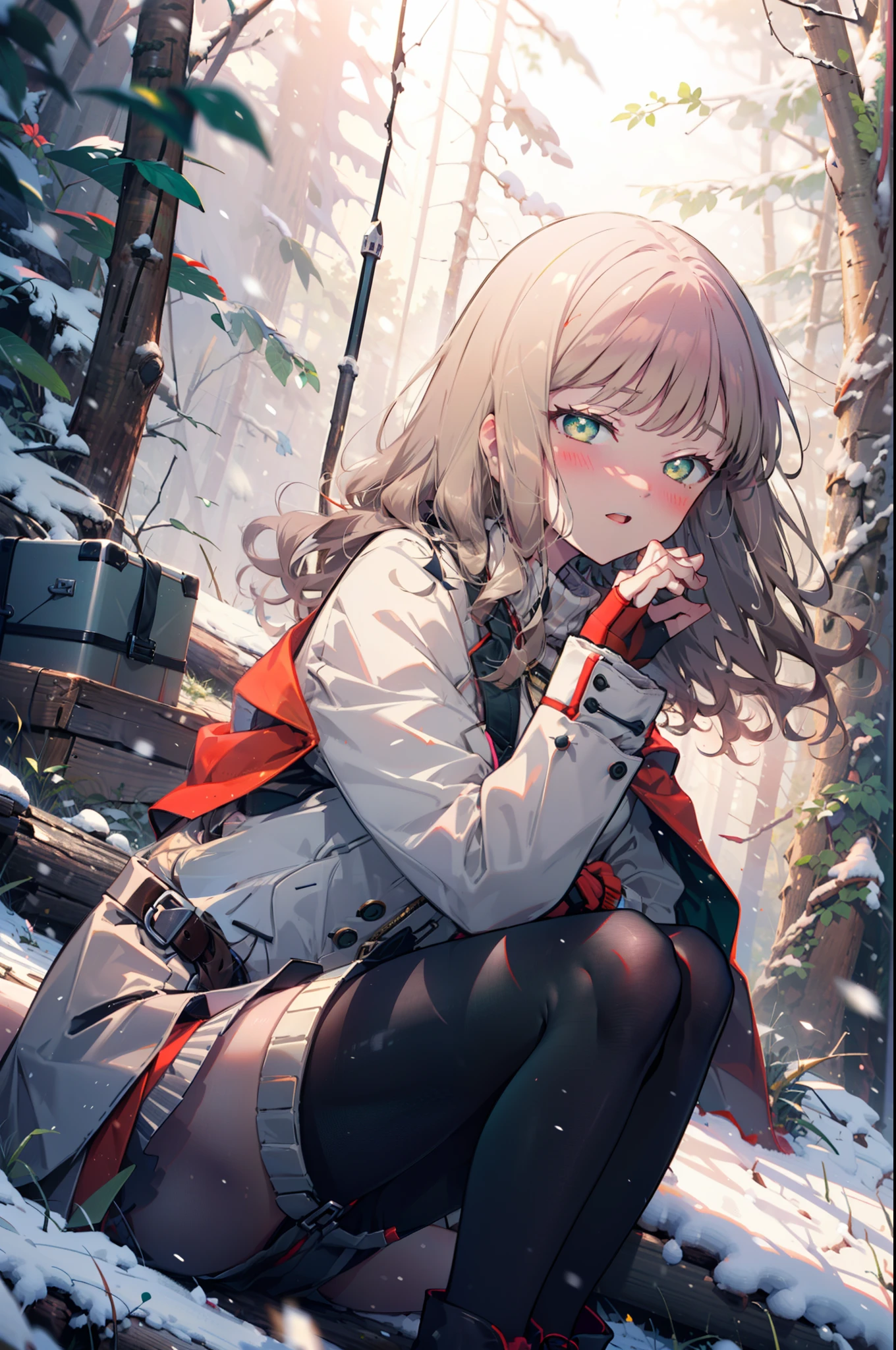 minami yume ,sss Dynazenon ,Long Hair, Brown Hair, (Green Eyes:1.5) ,Mid-chest,smile,blush,White Breath,
Open your mouth,snow,Ground bonfire, Outdoor, boots, snowing, From the side, wood, suitcase, Cape, Blurred, Increase your meals, forest, White handbag, nature,  Squat, Mouth closed, フードed Cape, winter, Written boundary depth, Black shoes, red Cape break looking at viewer, Upper Body, whole body, break Outdoor, forest, nature, break (masterpiece:1.2), highest quality, High resolution, unity 8k wallpaper, (shape:0.8), (Beautiful and beautiful eyes:1.6), Highly detailed face, Perfect lighting, Extremely detailed CG, (Perfect hands, Perfect Anatomy),