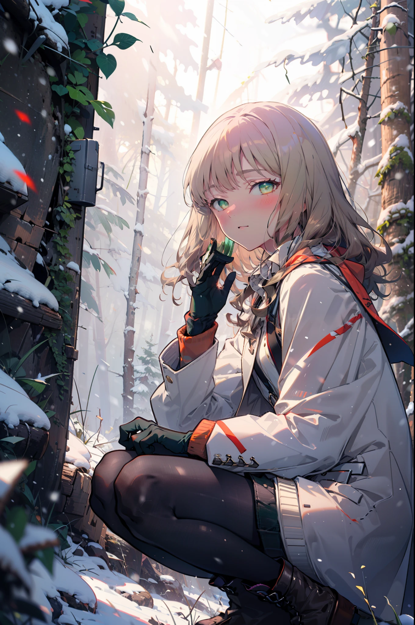 minami yume ,sss Dynazenon ,Long Hair, Brown Hair, (Green Eyes:1.5) ,Mid-chest,smile,blush,White Breath,
Open your mouth,snow,Ground bonfire, Outdoor, boots, snowing, From the side, wood, suitcase, Cape, Blurred, Increase your meals, forest, White handbag, nature,  Squat, Mouth closed, フードed Cape, winter, Written boundary depth, Black shoes, red Cape break looking at viewer, Upper Body, whole body, break Outdoor, forest, nature, break (masterpiece:1.2), highest quality, High resolution, unity 8k wallpaper, (shape:0.8), (Beautiful and beautiful eyes:1.6), Highly detailed face, Perfect lighting, Extremely detailed CG, (Perfect hands, Perfect Anatomy),