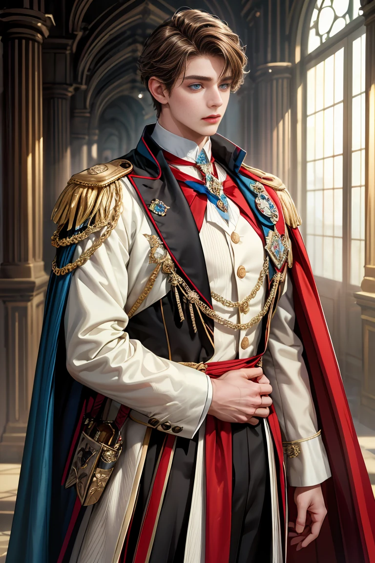 masterpiece, 最high quality, high quality, 1 boy, alone, Male focus, Watching the audience, Messy brown hair, Adorable big blue eyes, White, Noble, Noble, Beautiful tailcoat、A very voluminous, large, very large, very large, long, long red and black cape with a high stand-up collar, made of a lot of fabric that reaches down to the floor., ,Cute beautiful boys,Cute, cute, kind, handsome guy