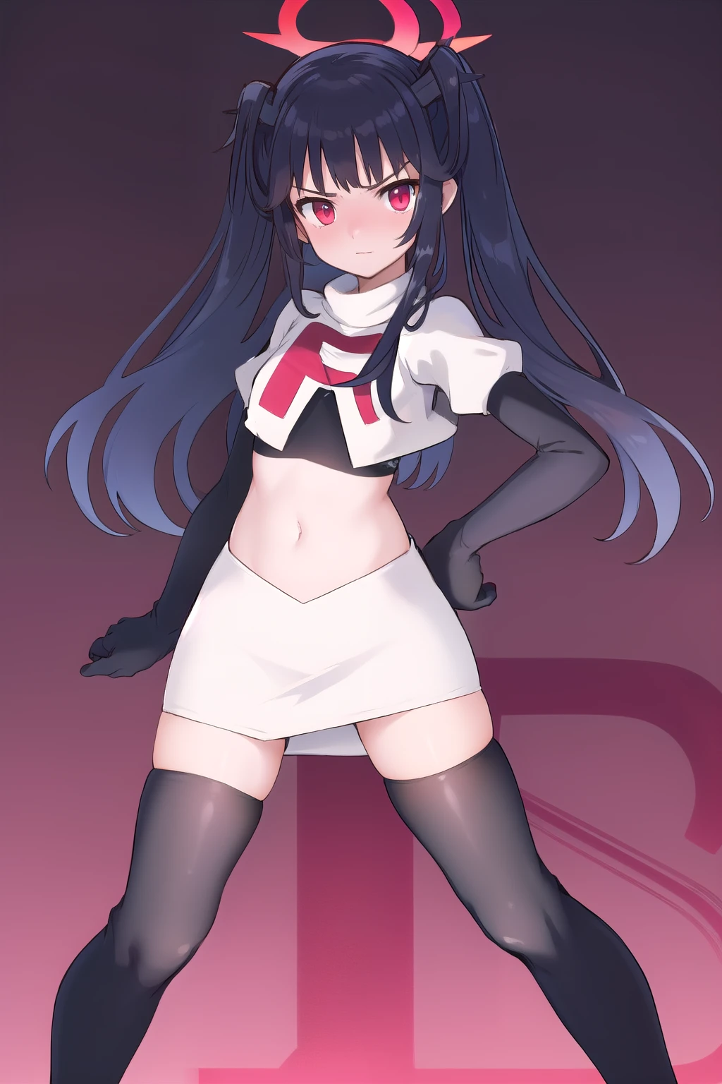 fuukadef, team rocket,team rocket uniform,white skirt,red letter R,crop top,black thigh-highs,black elbow gloves, blush, looking at viewer,moody lighting, facing viewer,