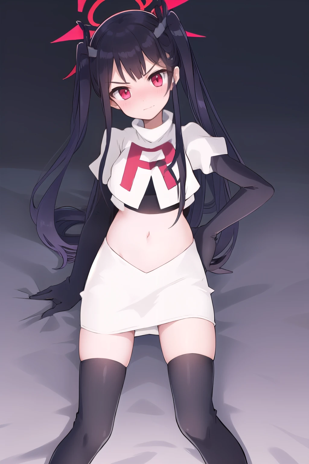 fuukadef, team rocket,team rocket uniform,white skirt,red letter R,crop top,black thigh-highs,black elbow gloves, blush, looking at viewer,moody lighting, facing viewer,