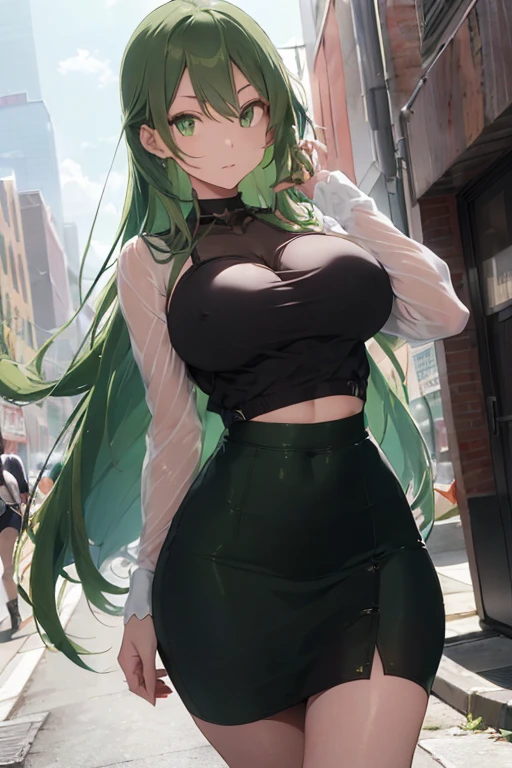 /(Girl),(anime),(Long green hair and green eyes),(facing forward),(full body portrait),(super pretty young woman, pretty face),(18 years old),(mature and large body with super large GL breasts and large ass),(Wearing),+,(a tight blouse with a sexy neckline in the middle and a tight and sexy super short pencil skirt embodying the ass)