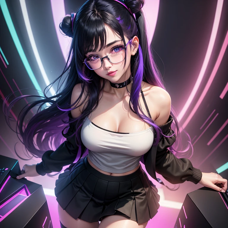 blush,,glowing aura, natural light,, glossy skin, juicy lips , cute, kawaii, adorable, kawaii clothes,sexy, hot, , random expression, purple hair, ((blue highlights in hair)), purple eyes,glasses, , juicy lips, bimbo, hour glass, smile ,big lips, smirking, sexy expression, big , big tits, sexy expression, nose, big lips, sexy expression, hypno, hypnotic eyes,((((hypnotic eyes))))), shirt tug pose