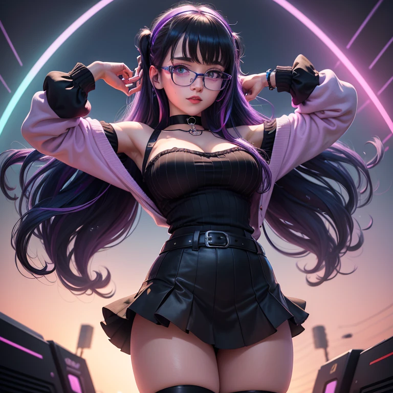 ((best quality)), ((masterpiece)), 8k, detailed eyes, perfect face, female, gamer girl, aqua eyes, cherry-red lips, light smile, long black hair, purple streaks, wearing headphones, nerdy glasses, bangs, ribbon, choker, bracelet, sleeves past fingers, white off-shoulder sweater, black skirt, thigh-highs, view from below looking up, nighttime, neon lights, colorful lights, purple and cyan themed background