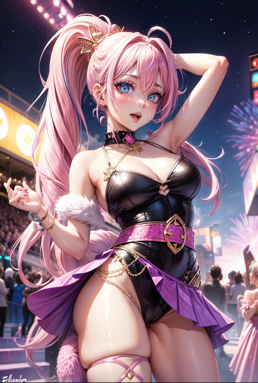 Girl,sexy, spicy , idol,🦄, glitter , party, imagination, fairy , ponytail, sexy pose, ☄️☄️🎆🌌🪻❄️☃️,pink hair , theatre ,Billie Elish vibe,evil