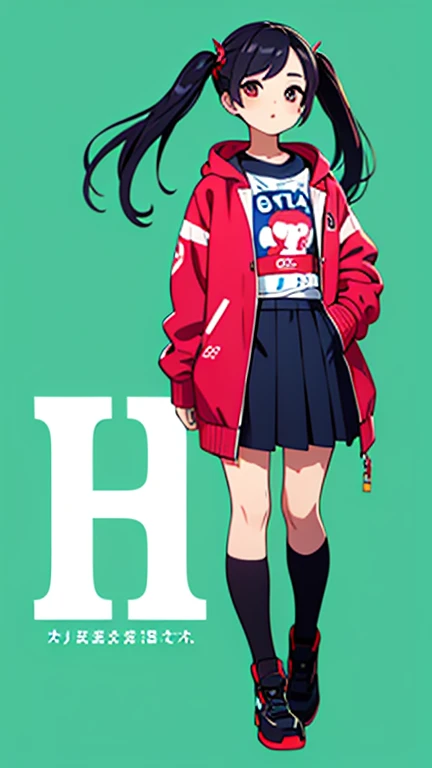 ((highest quality)), ((masterpiece)), (detailed), A beautiful girl with perfect face and dignified black hair、slim、refreshing、Half Twin Tail、Pop clothes、Stylish background、full body、full size、