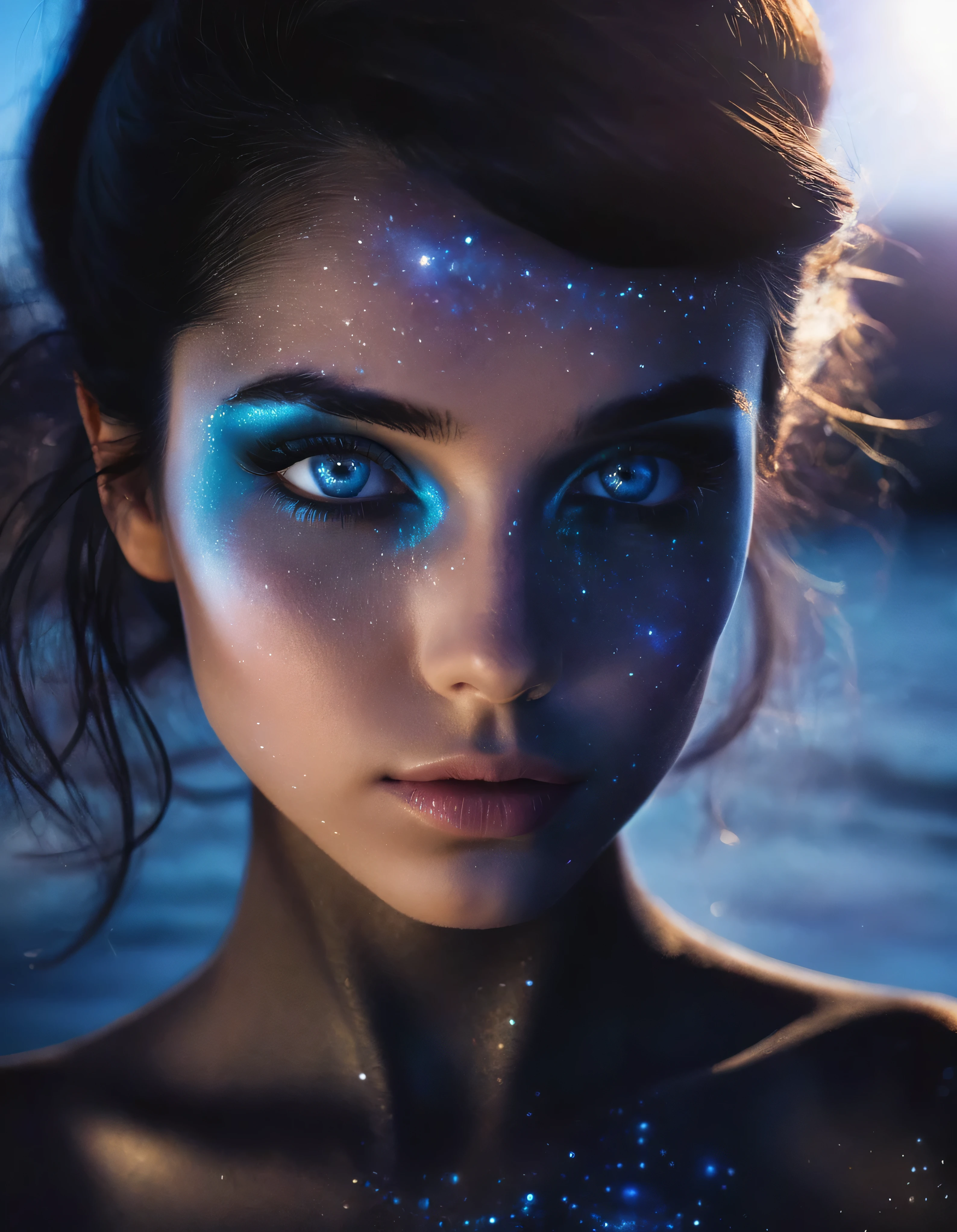 Surrealism, a galaxy, dark-cinematics, 1girl, mole under eye, black hair, realistic, blue eyes, looking at viewer, parted lips, original, long hair, watermark, blurry background, eyelashes, nose, close-up, artist name, bangs, mole under mouth, photoshop (medium), portrait, depth of field, web address, closed mouth, makeup, sunlight, looking to the side, glowing, upper body
 film photography style, light grain, medium grain, heavy grain, expressive, dramatic, organic lines and forms, dreamlike and mysterious, Surrealism, close up with resistible eyes.