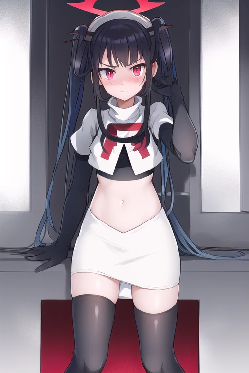 fuukadef, team rocket,team rocket uniform,white skirt,red letter R,crop top,black thigh-highs,black elbow gloves, blush,  looking at viewer,moody lighting, facing viewer,
