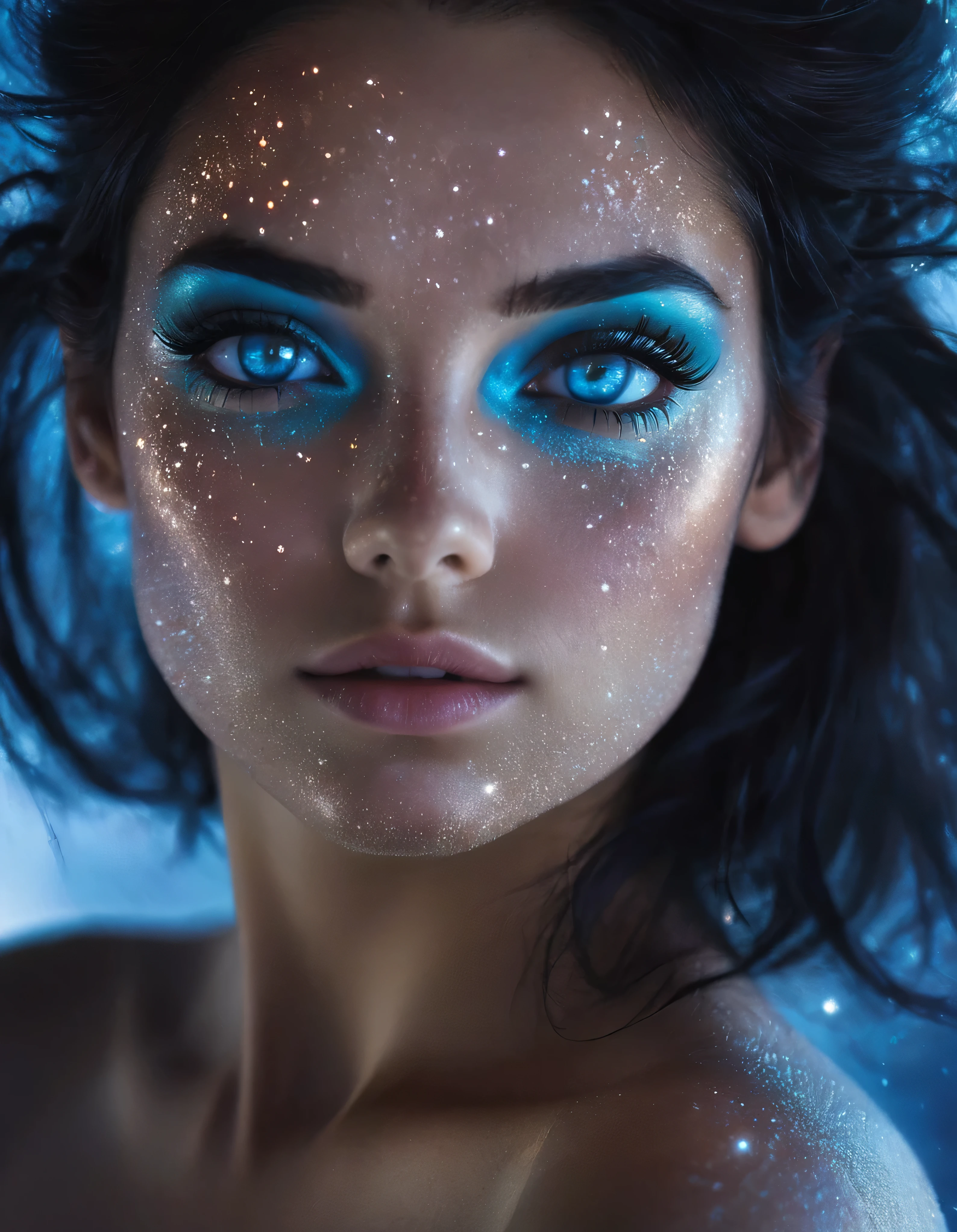 Surrealism, a galaxy, dark-cinematics, 1girl, mole under eye, black hair, realistic, blue eyes, looking at viewer, parted lips, original, long hair, watermark, blurry background, eyelashes, nose, close-up, artist name, bangs, mole under mouth, photoshop (medium), portrait, depth of field, web address, closed mouth, makeup, sunlight, looking to the side, glowing, upper body
 film photography style, light grain, medium grain, heavy grain, expressive, dramatic, organic lines and forms, dreamlike and mysterious, Surrealism, close up with resistible eyes.