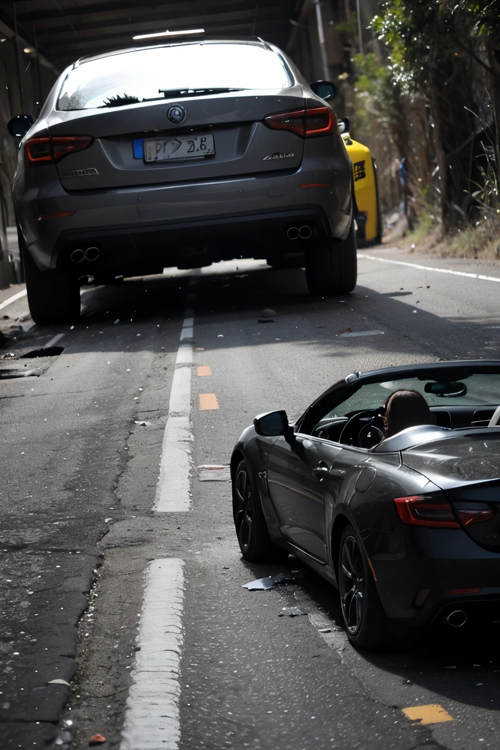 Imagen de personas heridas en el suelo por un accidente automovilistico causado por un carro negro y blanco bajo un tunel