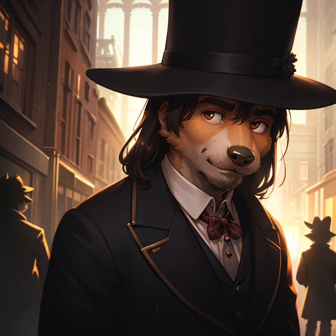 Arthur Edwards style , The decisive moment , (Extreme Perspective:0.8) , Shallow depth of field , rule of thirds , old Cine Lenses , (Bokeh) , realistic hairy fur , round face , round eyes , Swollen cheeks , hair ties , 1900s Foggy London city , Sherlock Holmes style movie , Mr Holmes and Professor Mrs Moriarty , (emerge from the shadows:1.2) , (looking away) , (peeping out scene) , Love Romance , Meet up