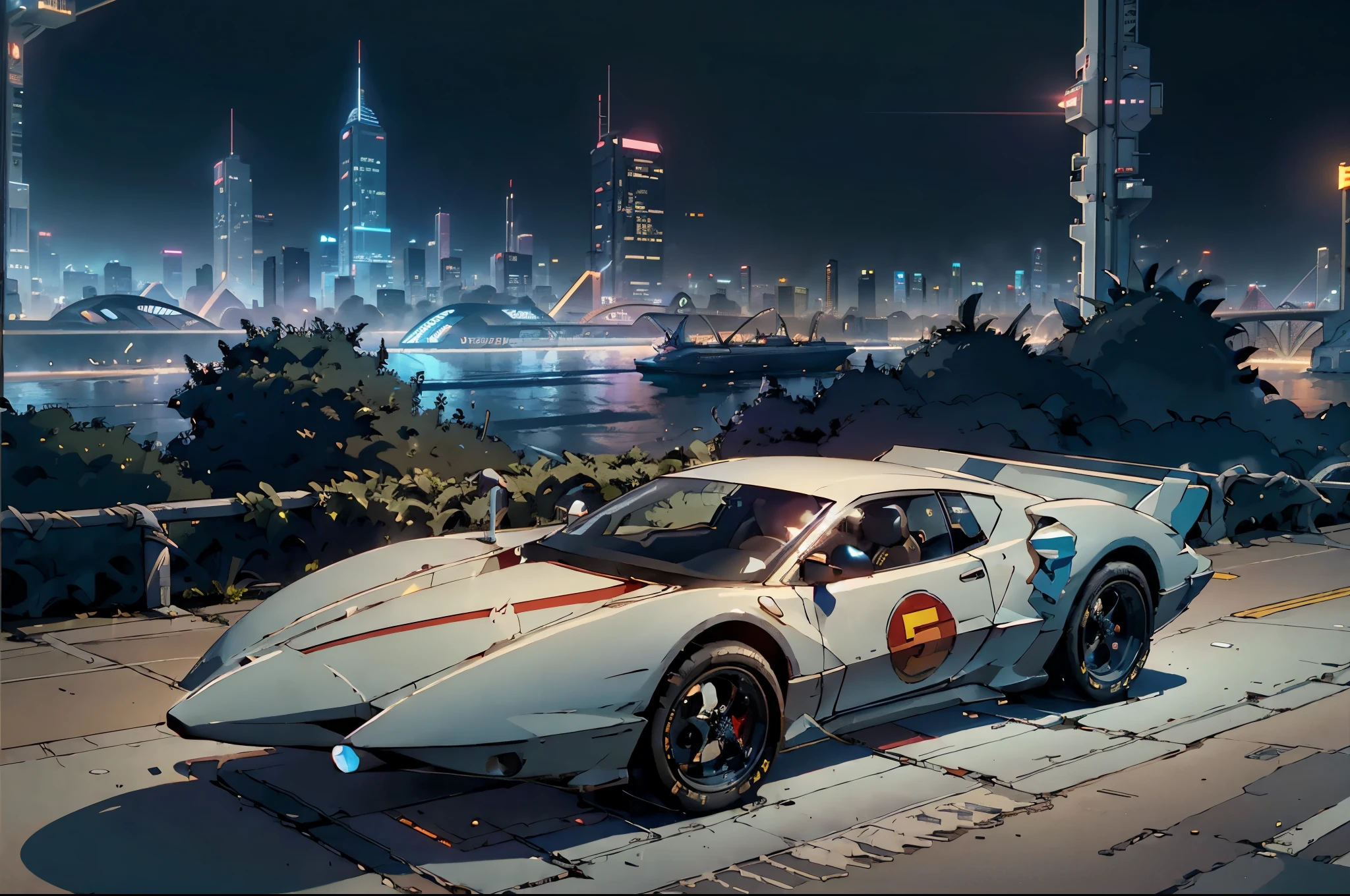 Mach 5 ((Cyberpunk future)), image of the center of a cyberpunk city, surrounded by buildings with a river in the middle, ferry in the city, yellow ferry, point crossing the city, advertising signs everywhere, Speedracer Mach 5