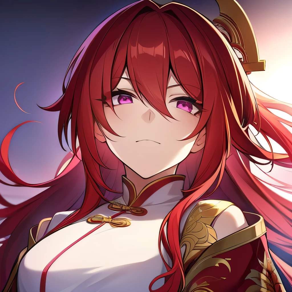 1woman, fancy Chinese clothes, pink eyes, red hair, long hair, calm, smug. Golden hair accessories.