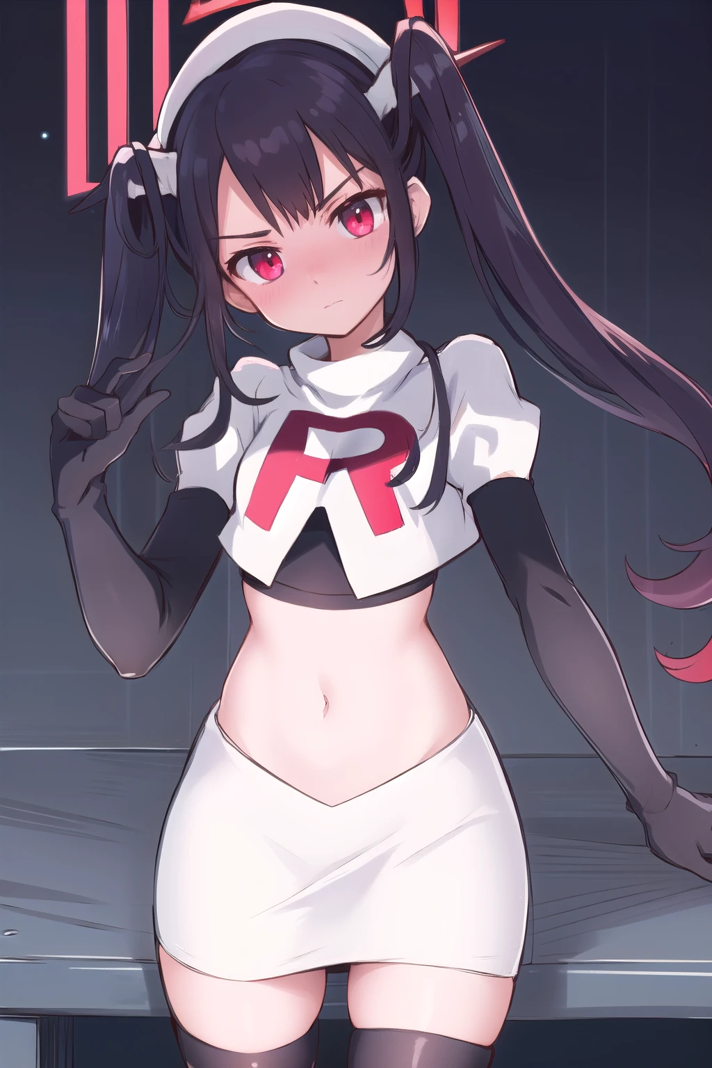 fuukadef, team rocket,team rocket uniform,white skirt,red letter R,crop top,black thigh-highs,black elbow gloves, blush, looking at viewer,moody lighting, facing viewer,