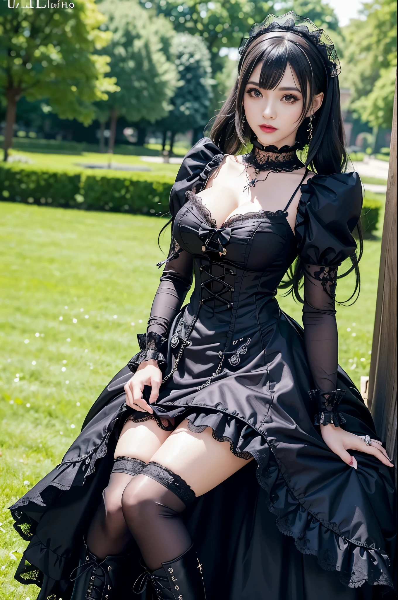 sexy stylish Spanish model, only 1 female, ((doll-like appearance)), ((ultra detailed Platform boots)), beautiful smile, ultra detailed eyes, vivid eye makeup, lipgloss, long lashes, defined eyebrows, ((sexy Gothic ta cosplay)), bell-shaped skirt, petticoats, high neckline, puffed sleeves, ((ultra detailed lace)), ((ultra detailed embroidery)), intricate details, Gothic Loliccessoires and matching headpiece, Gothic Lolita cr, ((large sparkling Gothic Lolita jewel, cinematic light, detailed large park background with trees