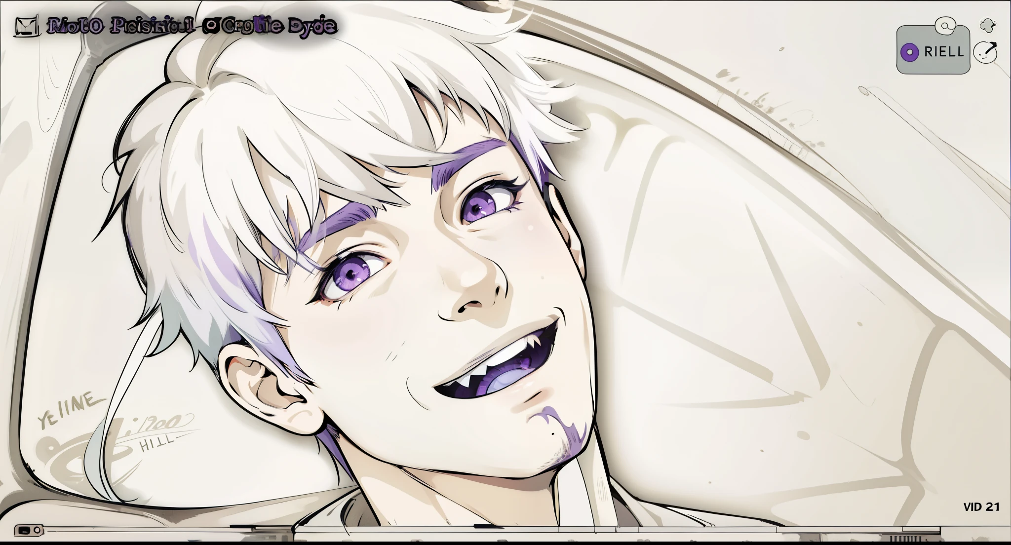 (estilo anime 2d plano)cute 16 year old boy smile mischievous ironic bad hateful purple eyes purple hair evil