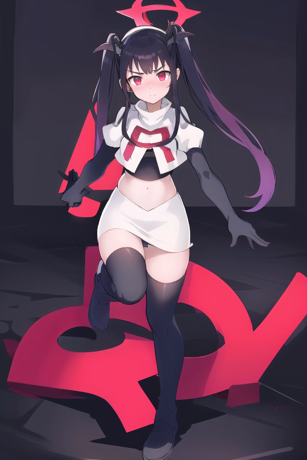 fuukadef, team rocket,team rocket uniform,white skirt,red letter R,crop top,black thigh-highs,black elbow gloves, blush, looking at viewer,moody lighting, facing viewer,