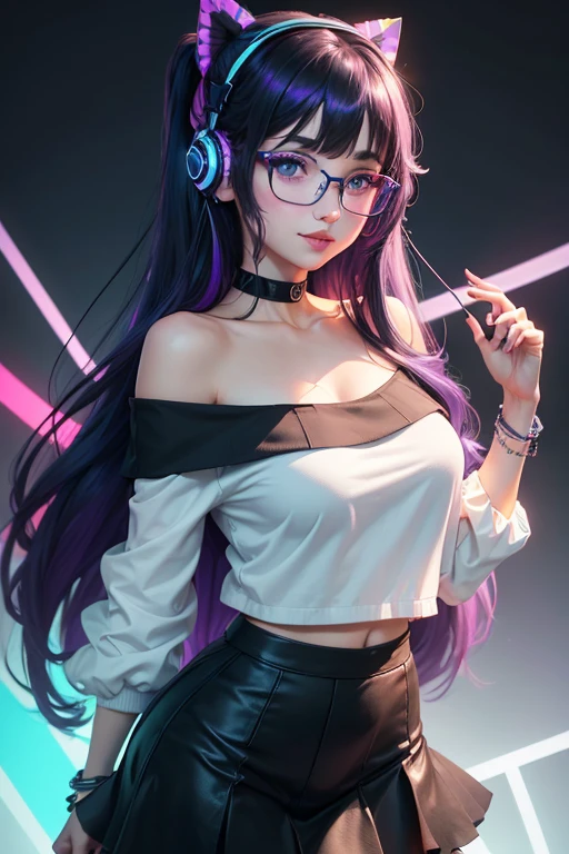 ((best quality)), ((masterpiece)), 8k, detailed eyes, perfect face, female, gamer girl, aqua eyes, cherry-red lips, light smile, long black hair, purple streaks, wearing headphones, nerdy glasses, bangs, ribbon, choker, bracelet, sleeves past fingers, white off-shoulder sweater, black skirt, nighttime, neon lights, colorful lights, purple and cyan themed background