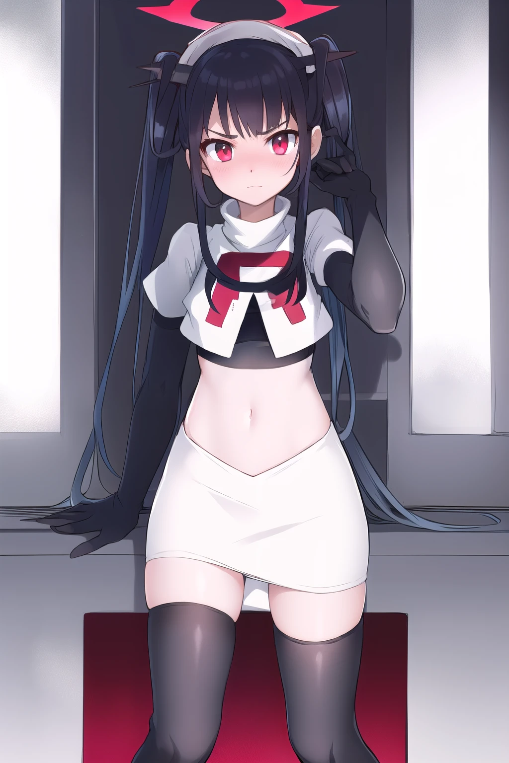 fuukadef, team rocket,team rocket uniform,white skirt,red letter R,crop top,black thigh-highs,black elbow gloves, blush, looking at viewer,moody lighting, facing viewer,