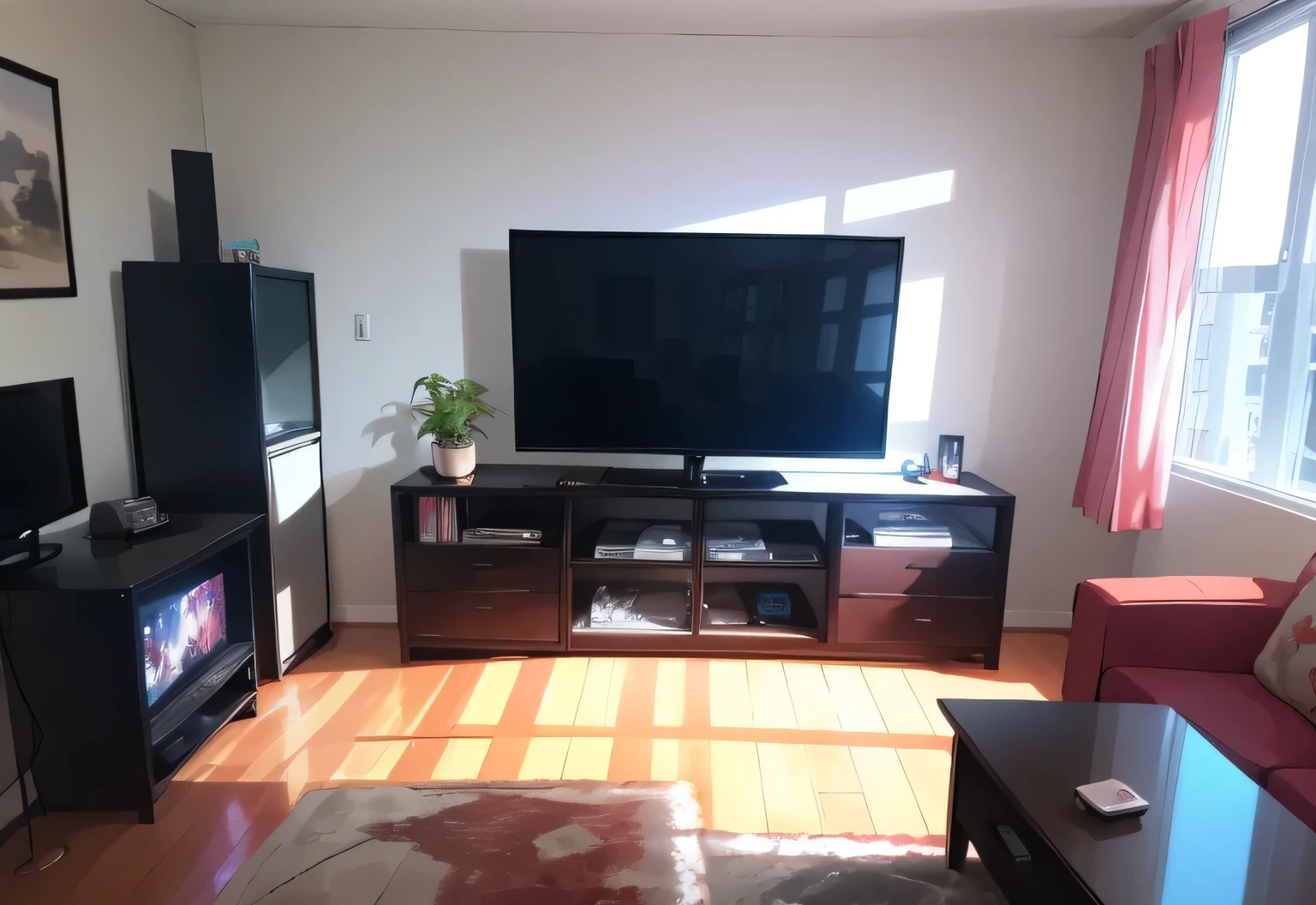 8k, fine details, (ultra detailed), apartment living room, clean room, TV with its screen on and bright